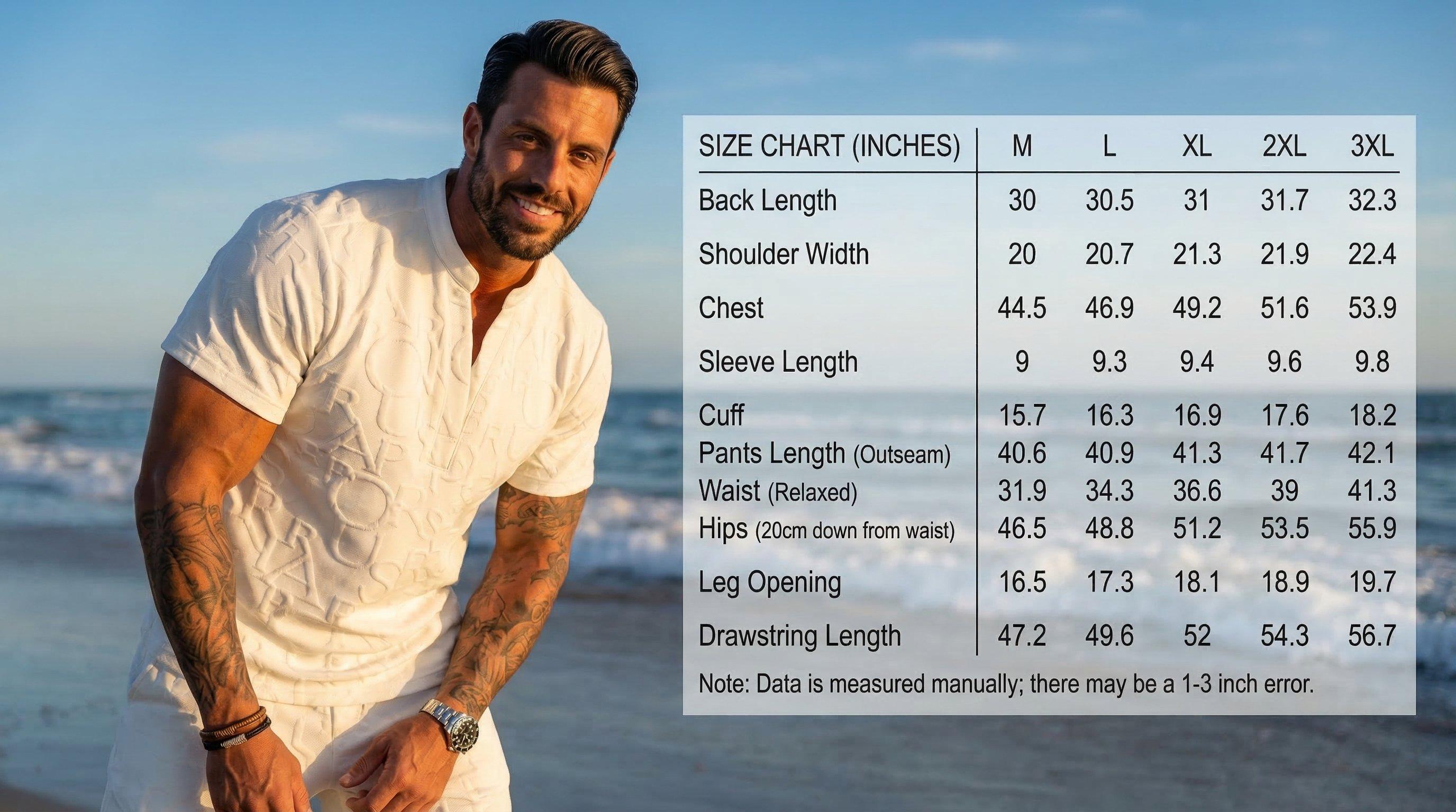 KZZ Men's 2-Piece Menswear Matching Set - Short-Sleeve Textured Letter-Embossed Notched Neck T-Shirt & Drawstring Elastic-Waist Regular-Fit Above-Ankle Pants with Pocket, Spring/Fall Casual Mens Clothing Gift for Him,father'sdaygifts