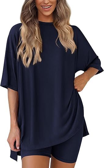 🔥Women's Two Piece Lounge Set 2026 Summer Casual Oversized Shirts Biker Shorts Matching Airport Travel Outfit