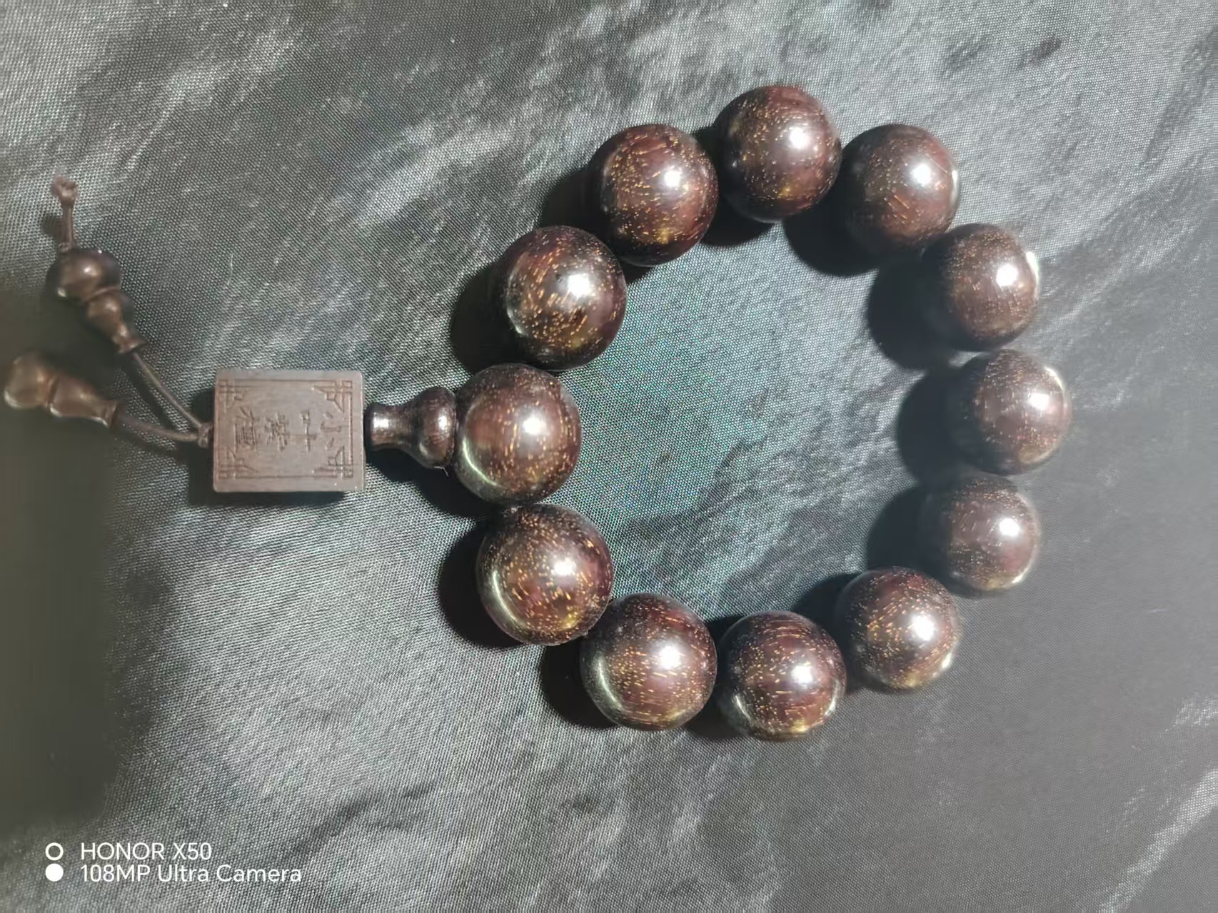 Full Golden Dot Small Leaf Red Sandalwood Bracelet With Carved Tag, Vintage Prayer Mala Jewelry