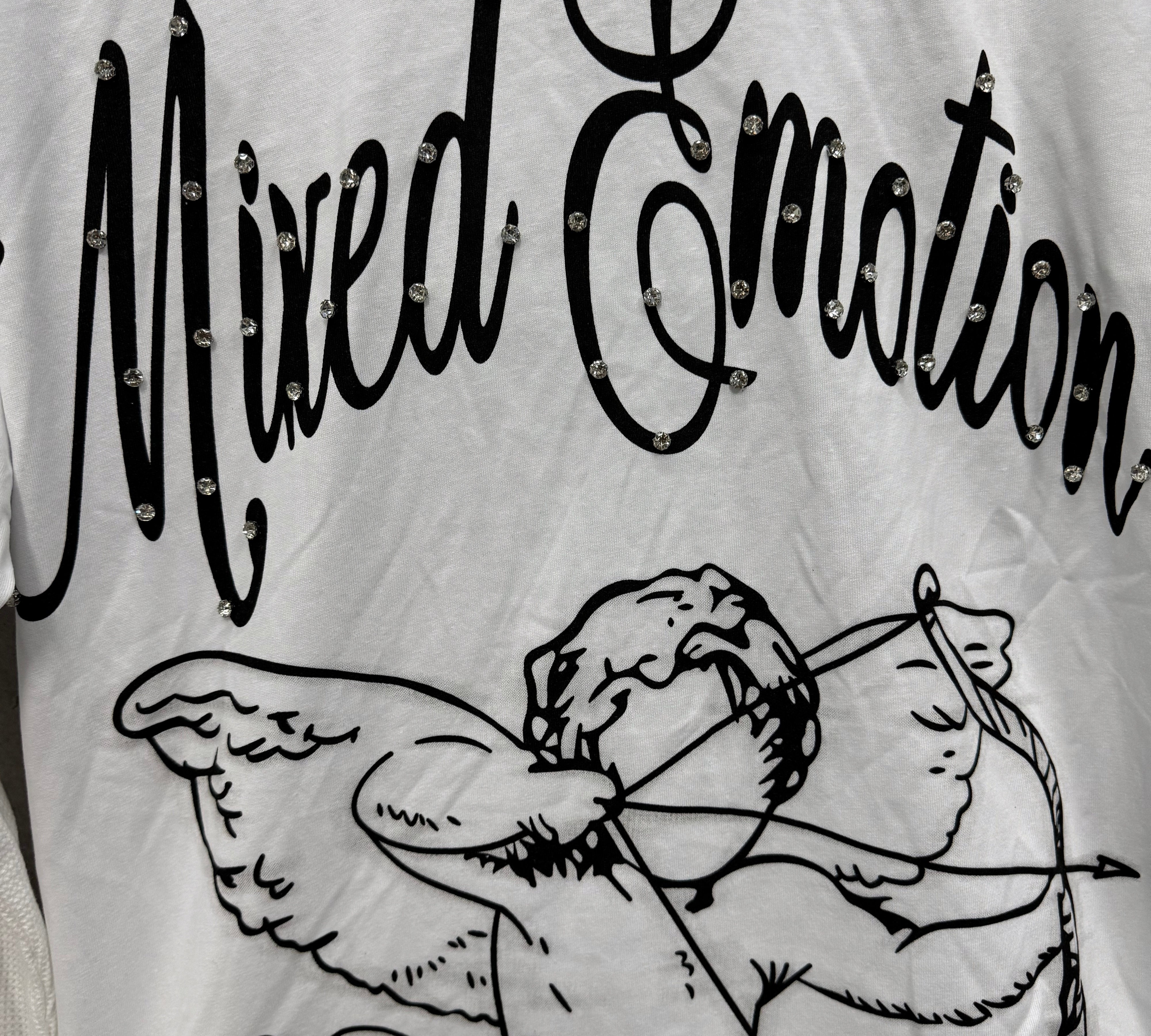 Rhinestone "Mixed Emotion" Cupid Print Layered Thermal Long Sleeve T-Shirt – Unisex 100% Cotton Streetwear Tee