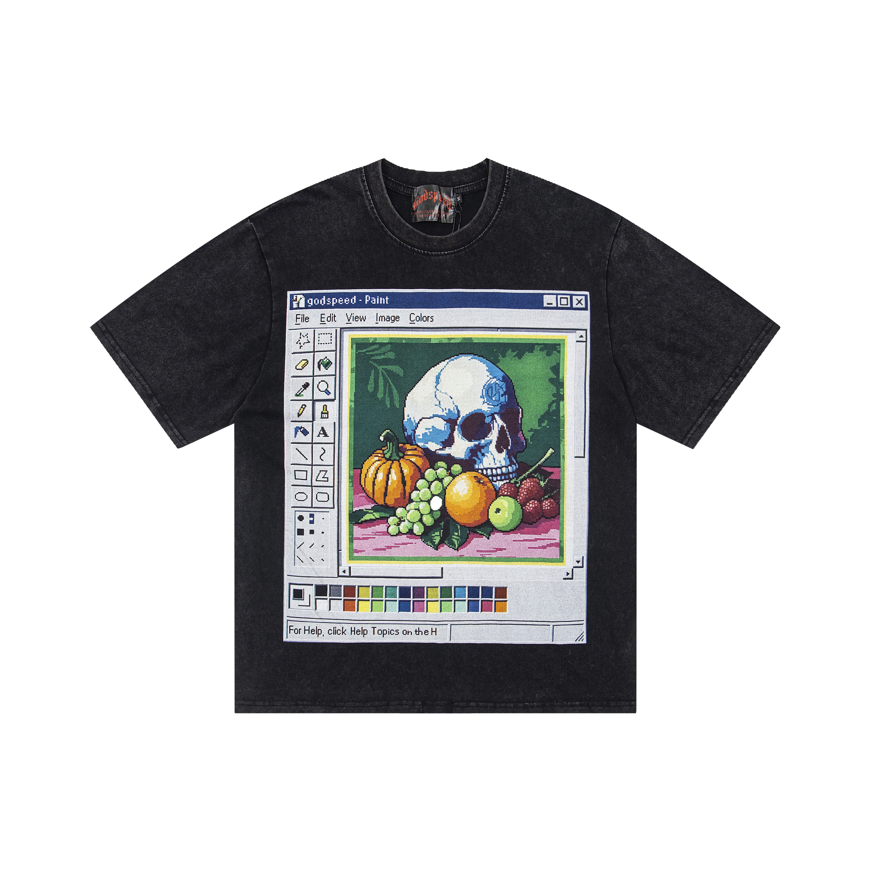 Windows Paint Pixel Skull Fruit Graphic Oversized Crew Neck T-Shirt, Godspeed Retro Washed Heavy Cotton Unisex Streetwear Tee 2 Colors Sizes 1-4