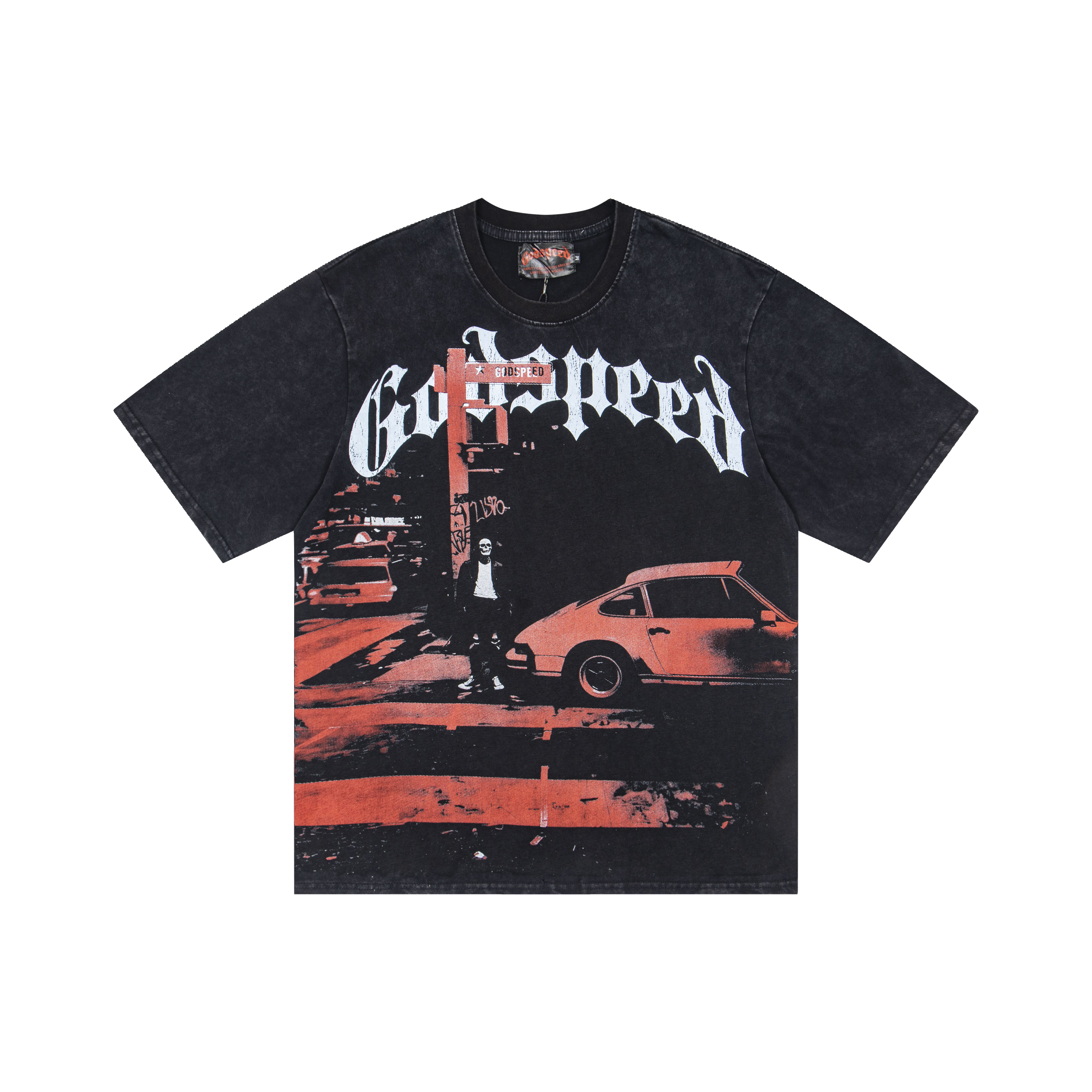 Vintage Street Car Photo Cracked GS Graphic Oversized Crew Neck T-Shirt, Godspeed Acid Washed Heavy Cotton Unisex Streetwear Tee 2 Colors Sizes 1-4