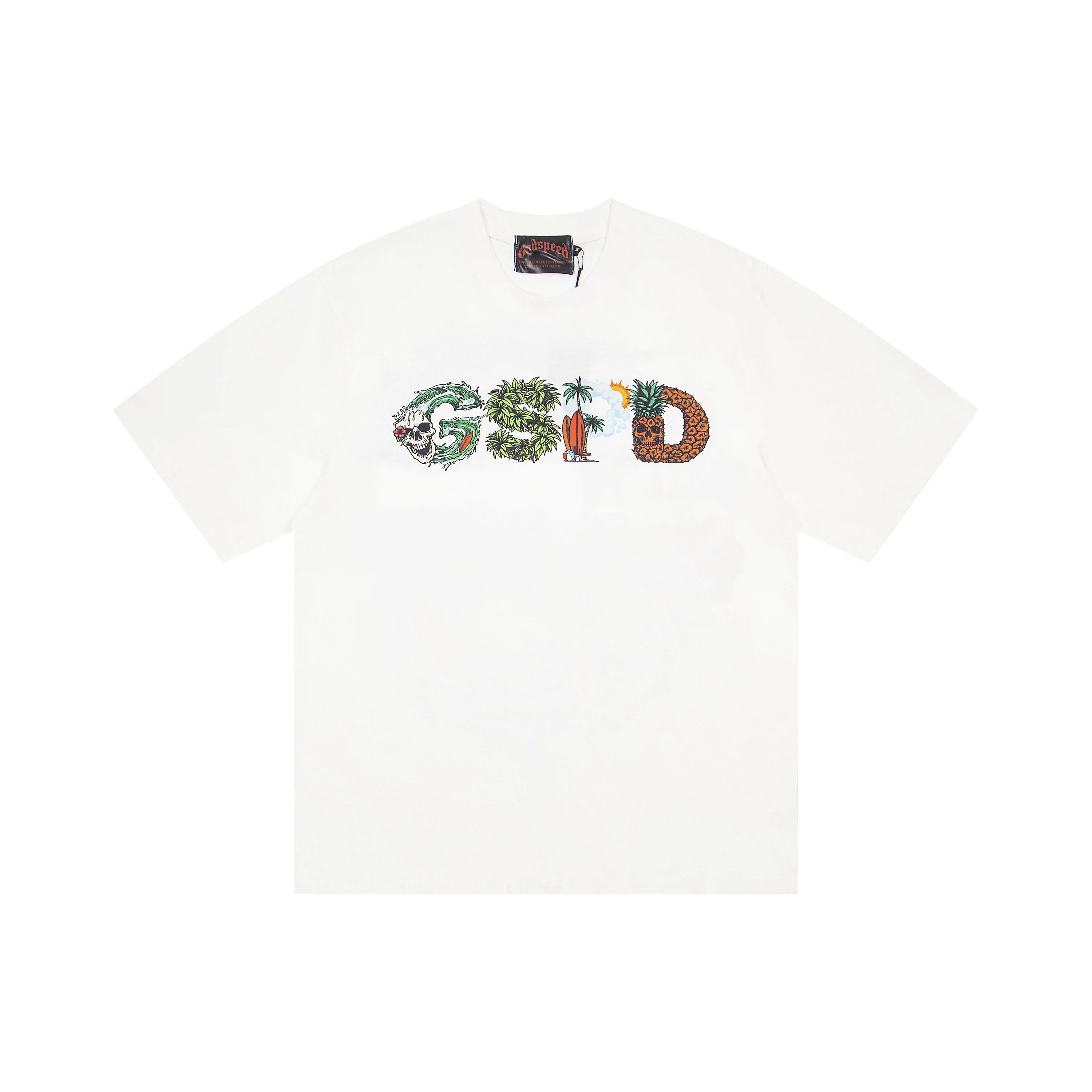 Retro Distressed Washed Oversized Crew Neck T-Shirt, Skull Ocean Wave GSND Graphic Print Unisex Streetwear Cotton Tee Sizes 1-3