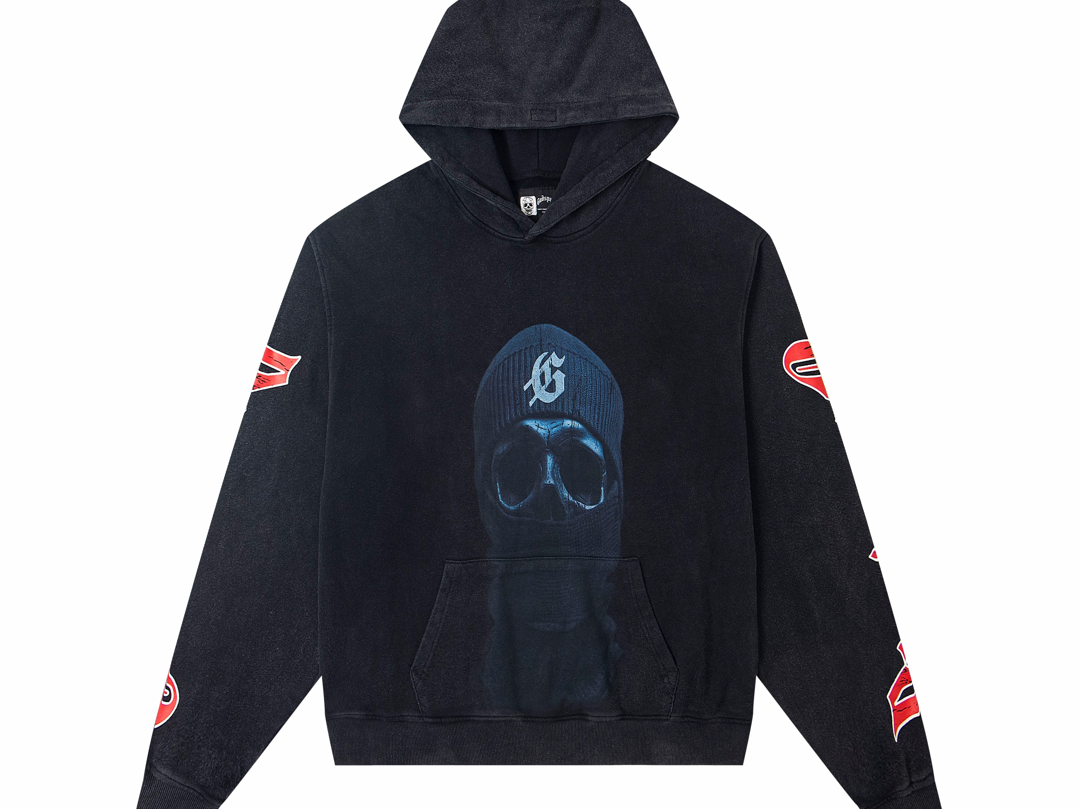 Balaclava Skull GS Logo Graphic Oversized Pullover Hoodie, Godspeed Red Sleeve Print Heavy Cotton Fleece Unisex Streetwear Sweatshirt 2 Colors Sizes 1-4
