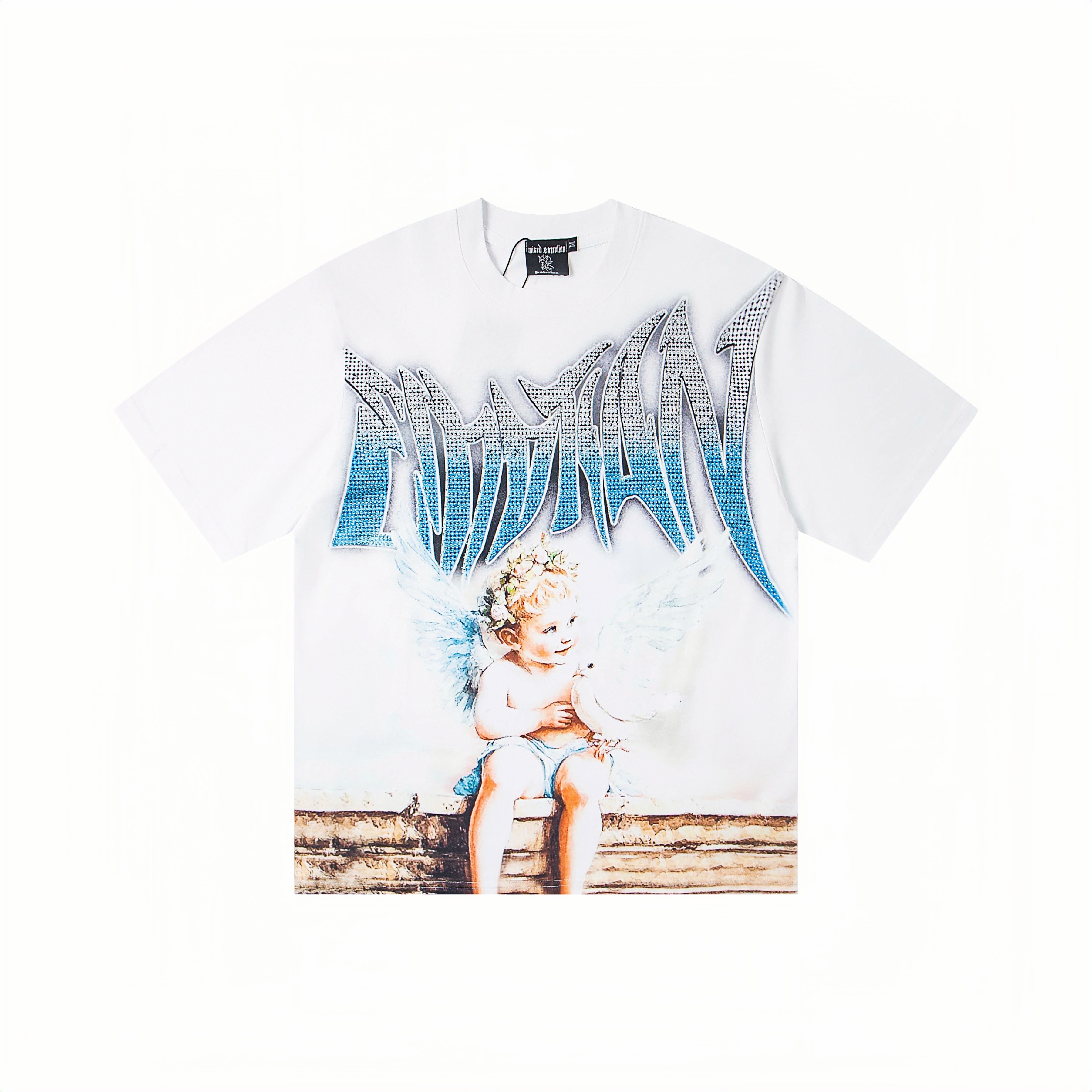 Angel & Dove Rhinestone Gradient Print Oversized T-Shirt – Unisex 100% Cotton Streetwear Tee