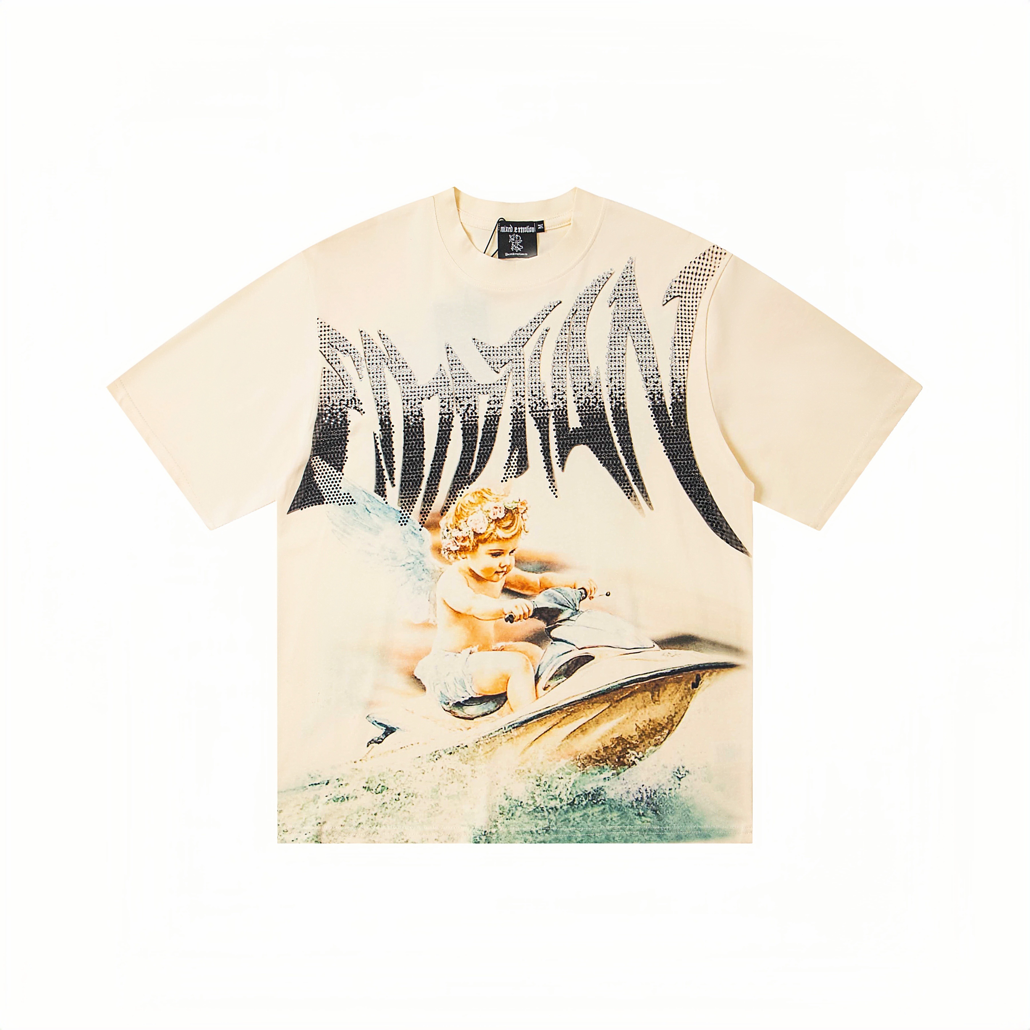Angel Jet Ski Rhinestone Gradient Print Oversized T-Shirt – Unisex 100% Cotton Streetwear Tee