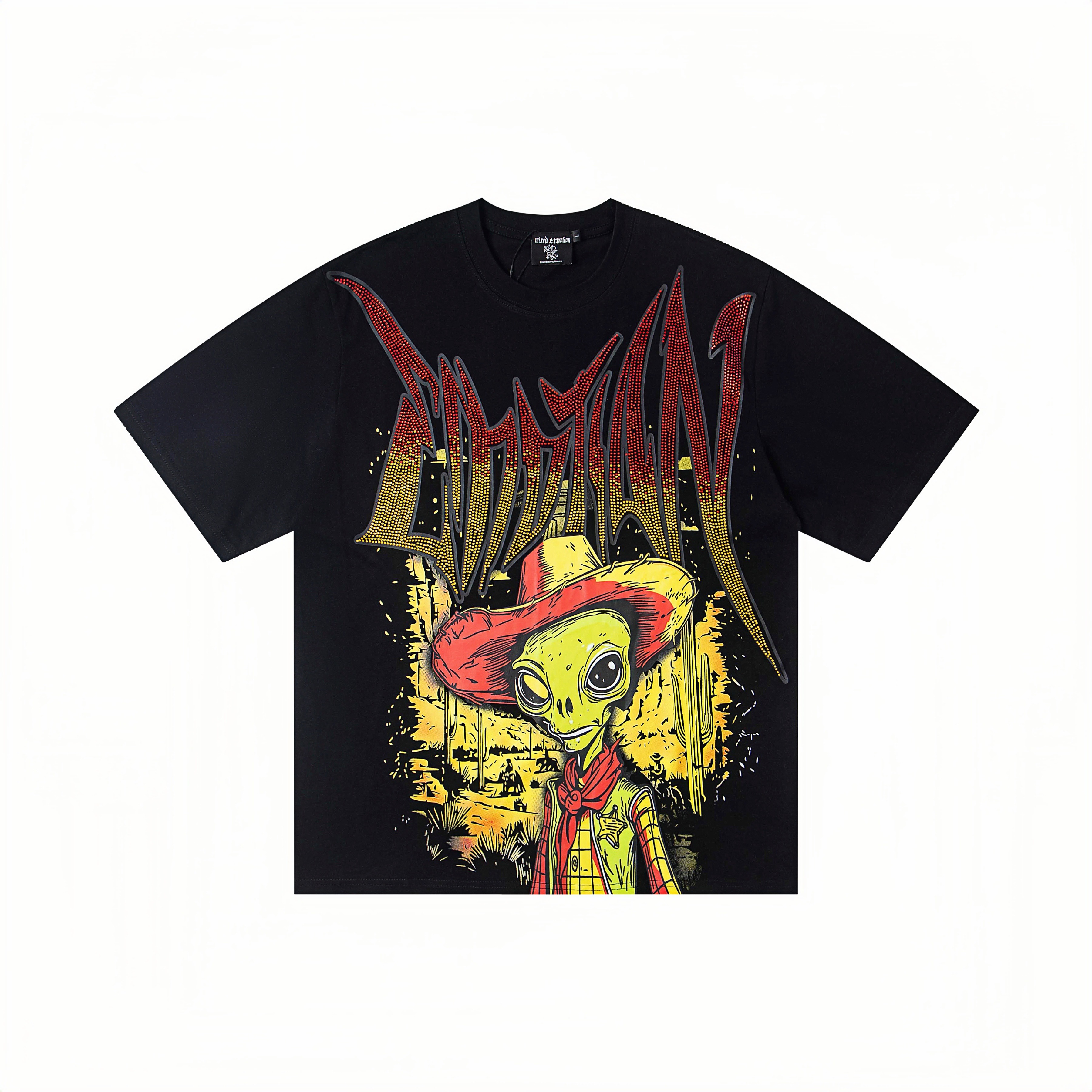 Cowboy Alien Rhinestone Gradient Print Oversized T-Shirt – Unisex 100% Cotton Streetwear Tee