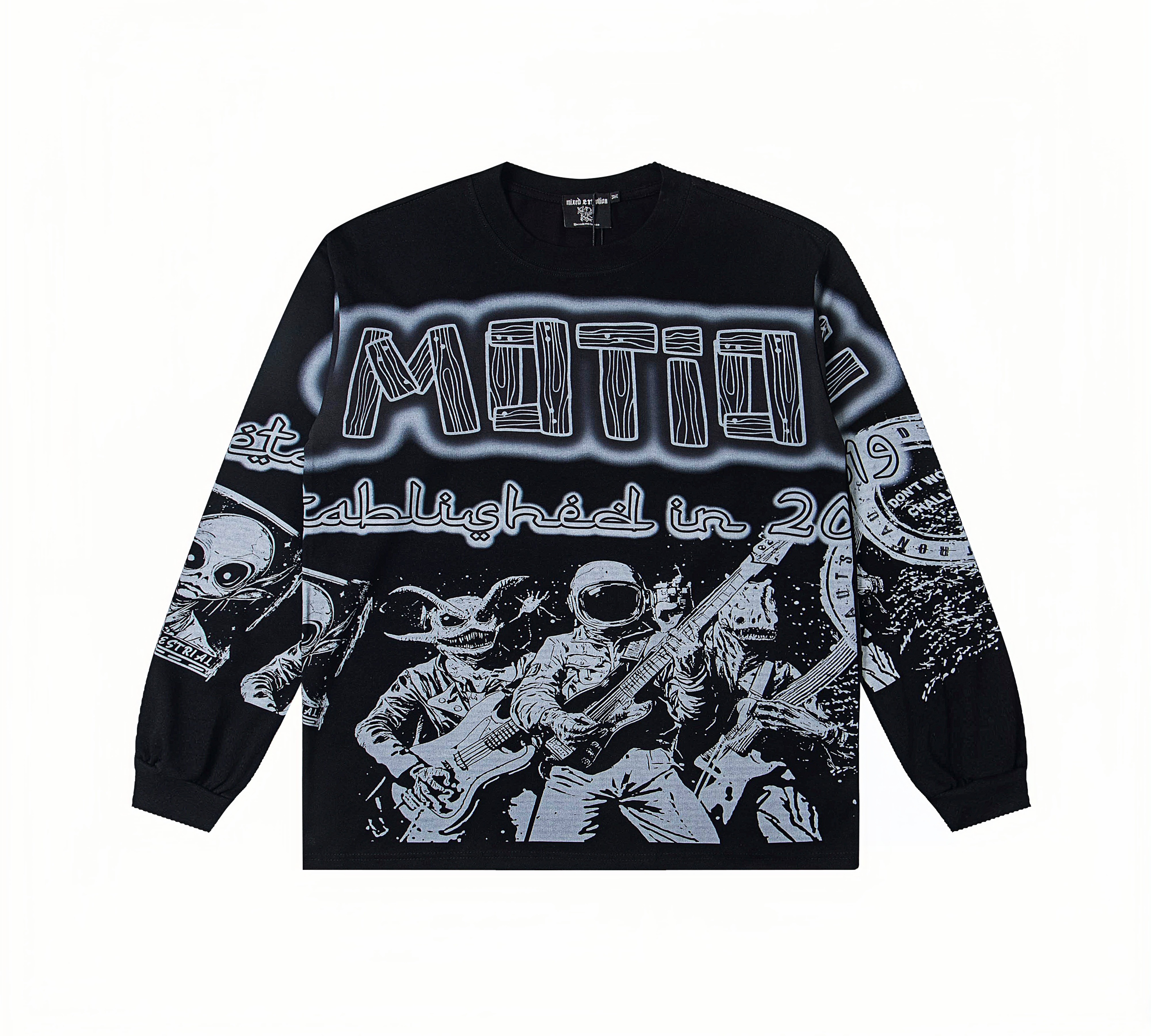Space Band "Mixed Emotion" Wood Grain Print Oversized Long Sleeve T-Shirt – Unisex 100% Cotton Streetwear Tee