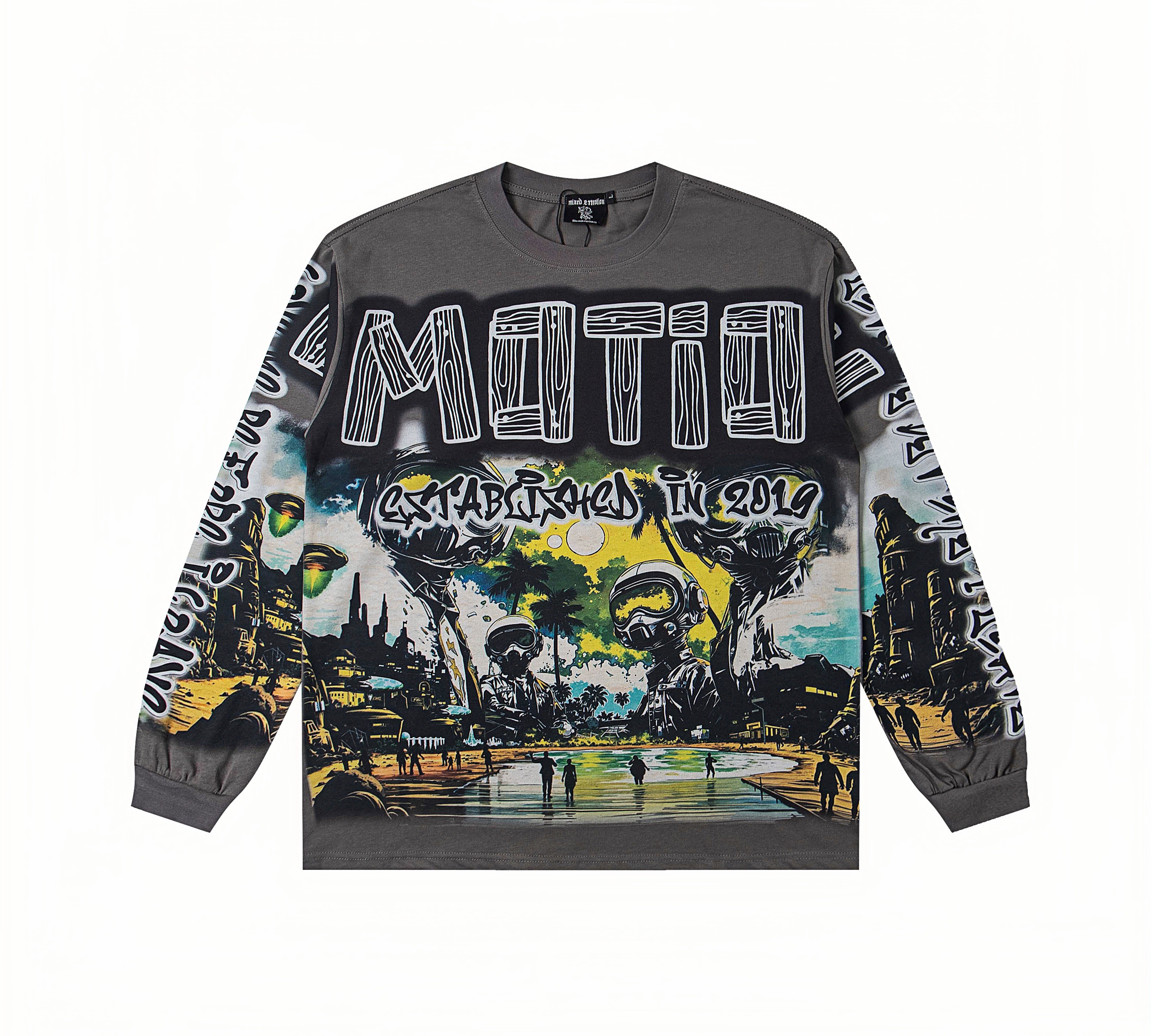 Sci-Fi Cityscape "Mixed Emotion" Wood Grain Print Oversized Long Sleeve T-Shirt – Unisex 100% Cotton Streetwear Tee