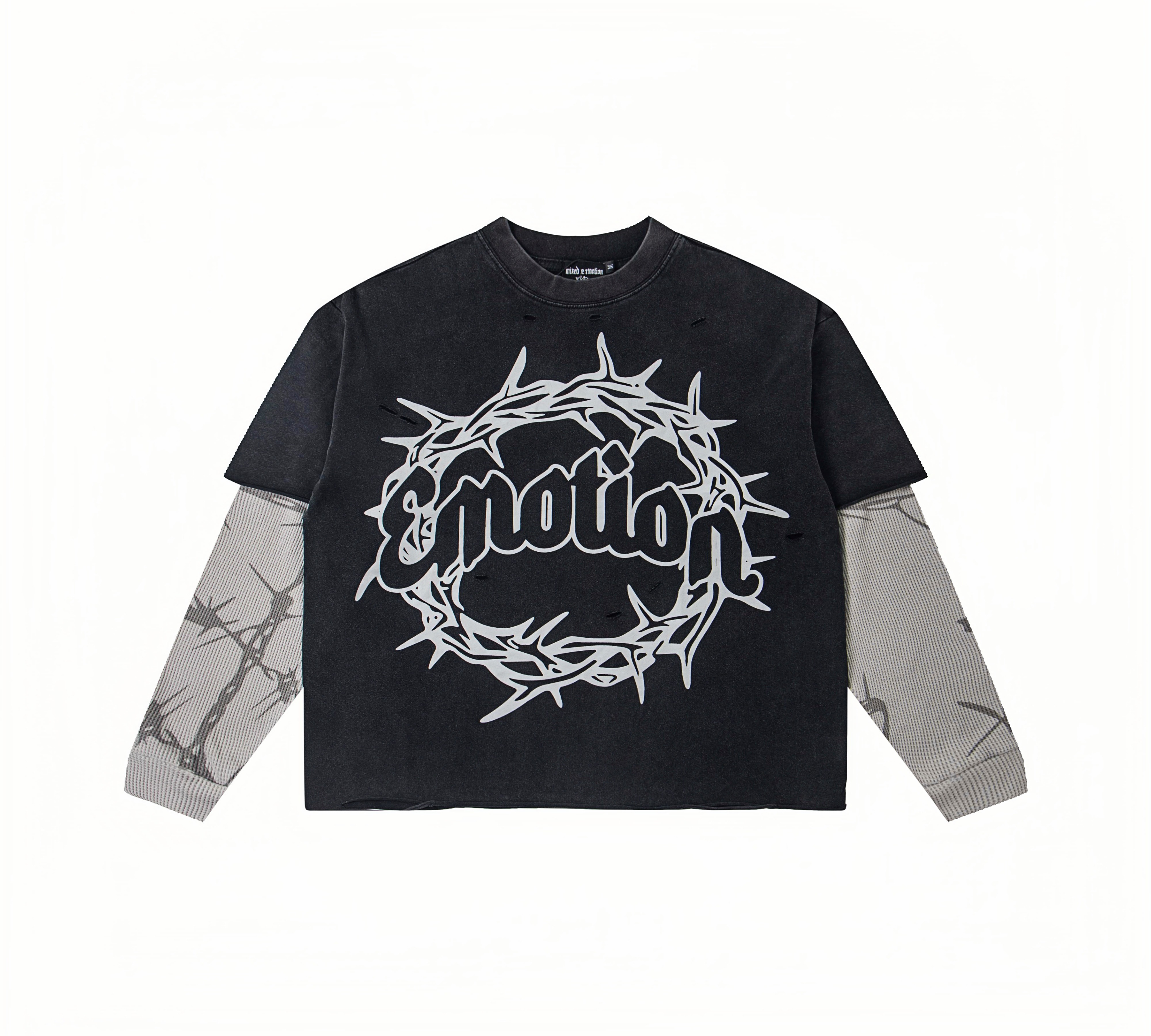Barbed Wire "Emotion" Print Layered Thermal Long Sleeve T-Shirt – Unisex 100% Cotton Streetwear Tee