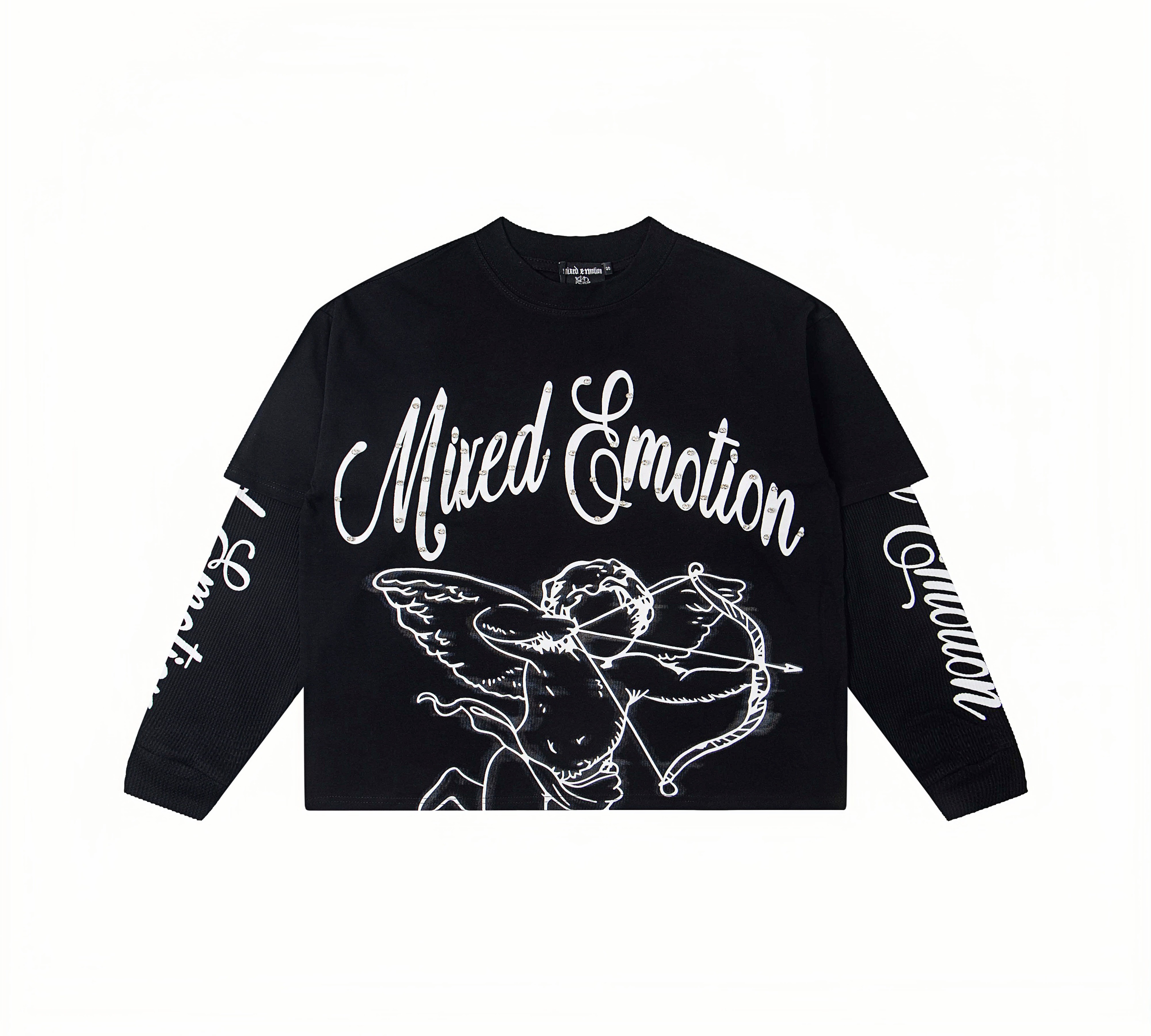 Rhinestone "Mixed Emotion" Cupid Print Layered Thermal Long Sleeve T-Shirt – Unisex 100% Cotton Streetwear Tee
