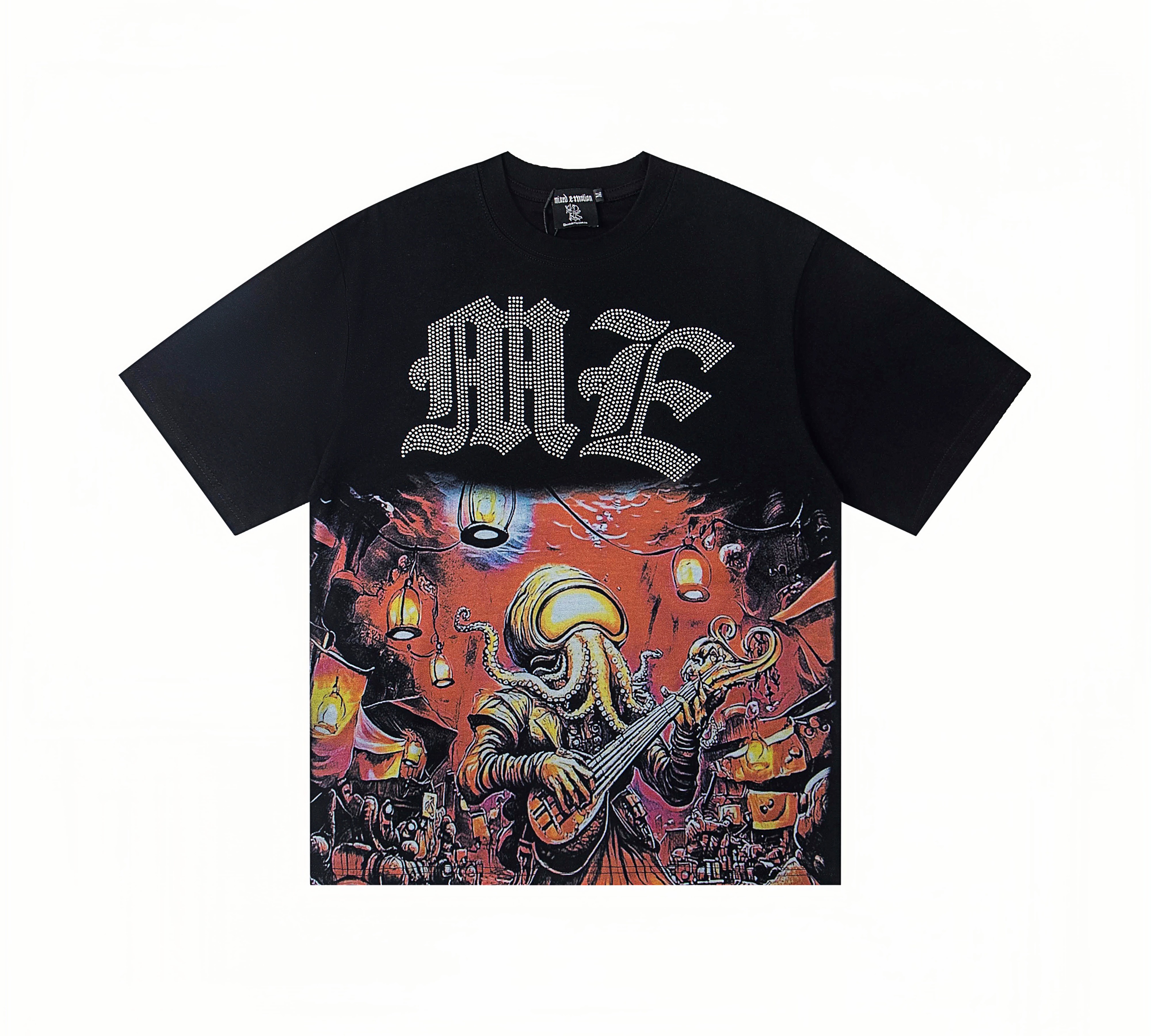 Octopus Musician Rhinestone Print Oversized T-Shirt – Unisex 100% Cotton Streetwear Tee