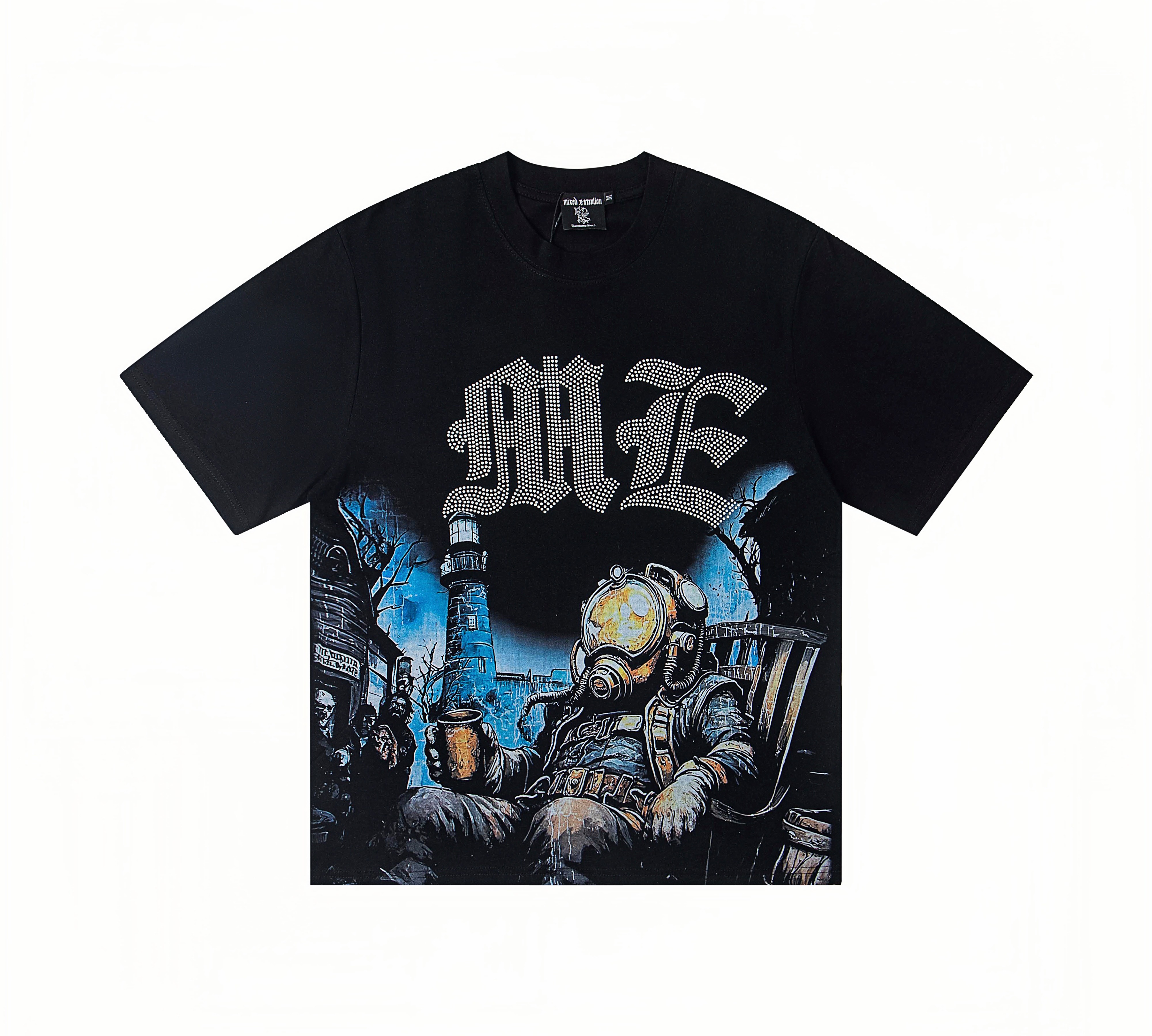 Diver & Lighthouse Rhinestone Print Oversized T-Shirt – Unisex 100% Cotton Streetwear Tee