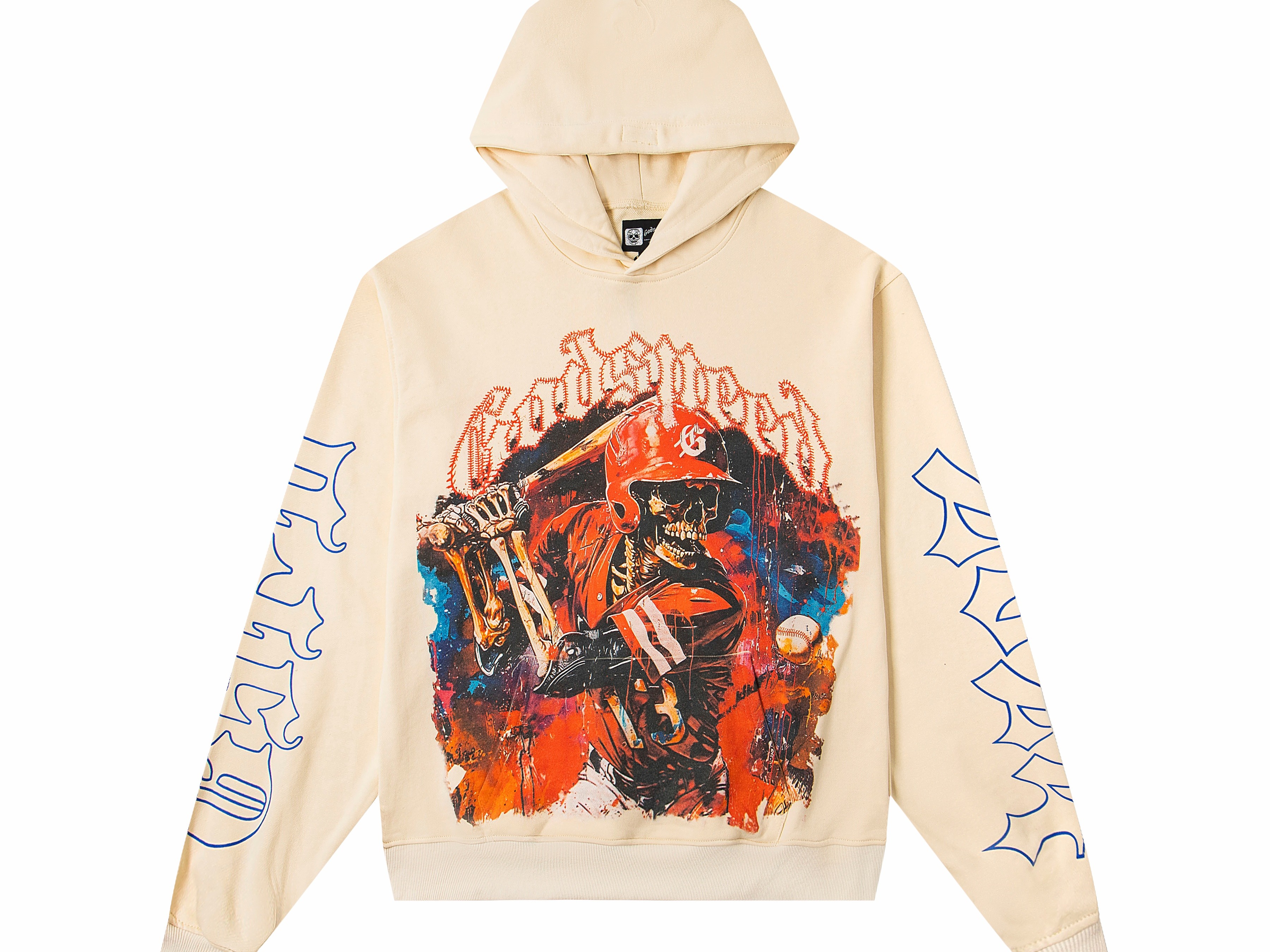 Vintage Washed Baseball Skeleton Batter Graphic Pullover Hoodie, Godspeed Gothic Letter Blue Script Sleeve Print Back Stitch GS Logo Heavy Cotton Fleece Unisex Street Sweatshirt 1 Color Sizes 1-4