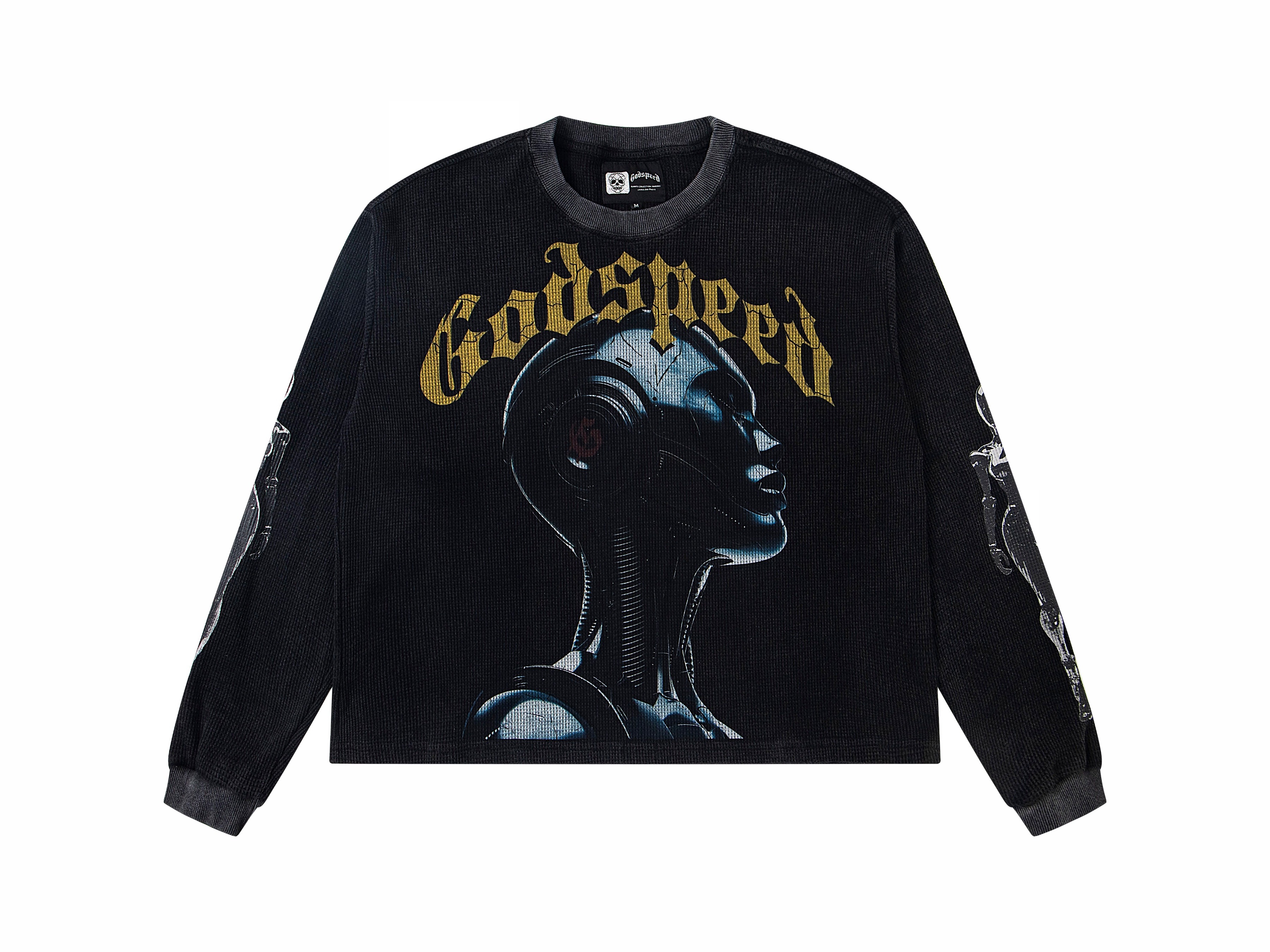 Vintage Washed Cracked Robot Head Waffle Knit Long Sleeve T-Shirt, Godspeed Gothic Letter Skeleton Arm Sleeve Print Back Bold Slogan "Out Of Many One" Unisex Street Thermal Top 2 Colors Sizes 1-4