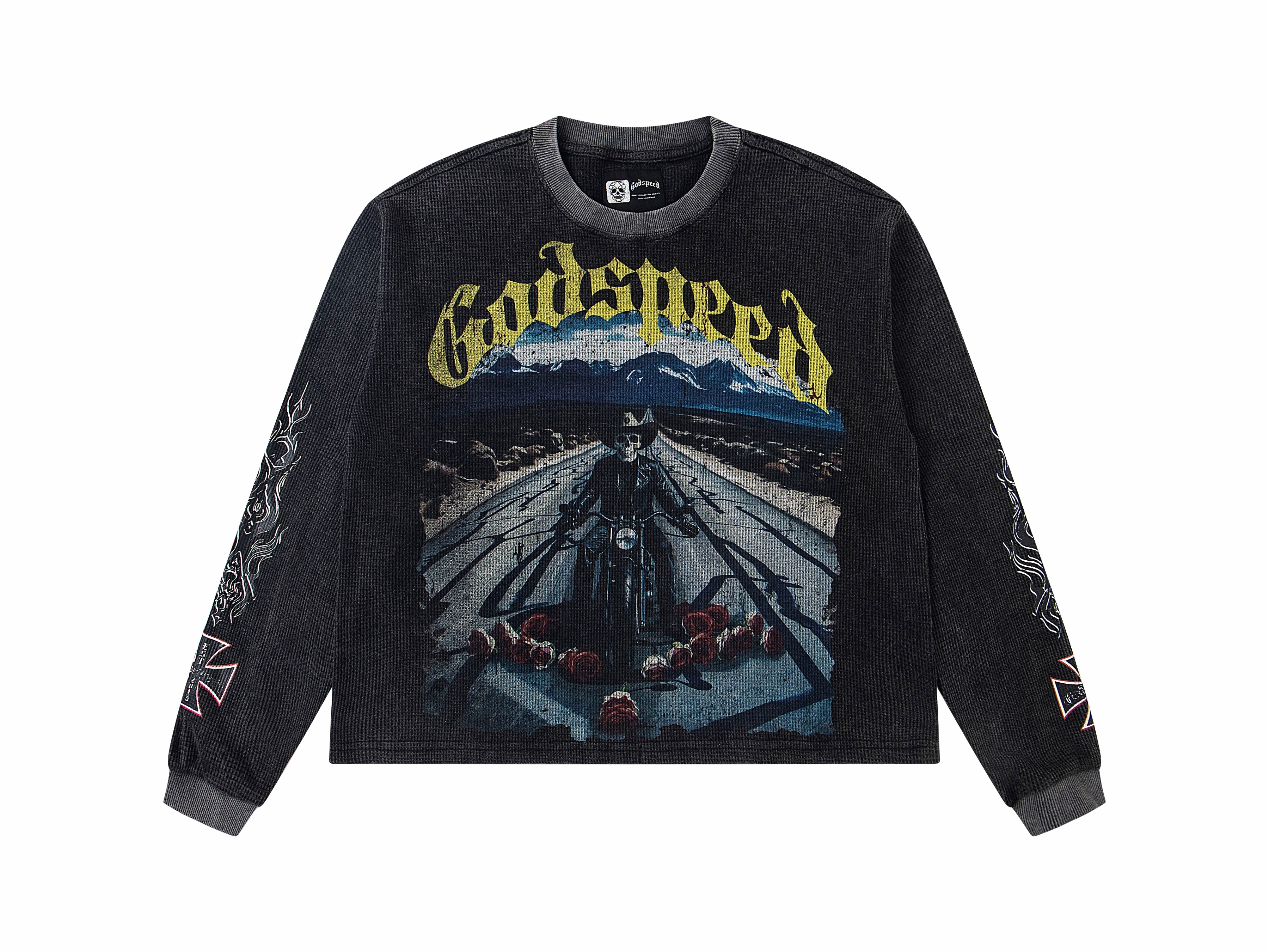 Vintage Acid Washed Highway Biker Skeleton Waffle Knit Long Sleeve T-Shirt, Godspeed Gothic Yellow Letter Cross Scroll Sleeve Print Back Distressed Yellow Slogan "Out Of Many One" Unisex Street Thermal Top 1 Color Sizes 1-4