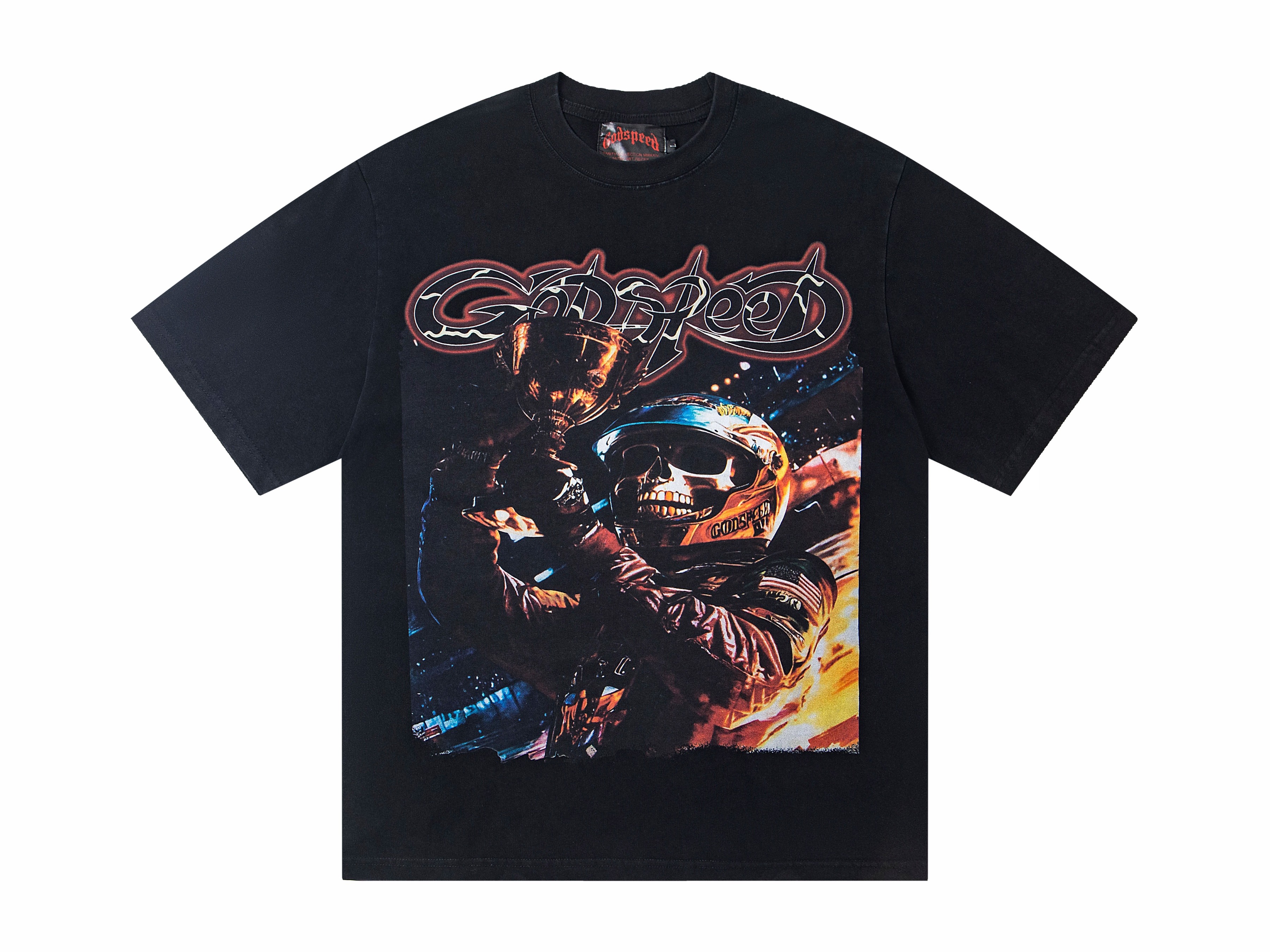 Godspeed Skeleton Racing Champion Trophy Graphic T-Shirt, Vintage Acid Washed 270G Heavyweight 100% Cotton Oversized Unisex Streetwear Tee, Retro NASCAR Race Driver Print Short Sleeve Top, 2 Colors Black & Light Grey