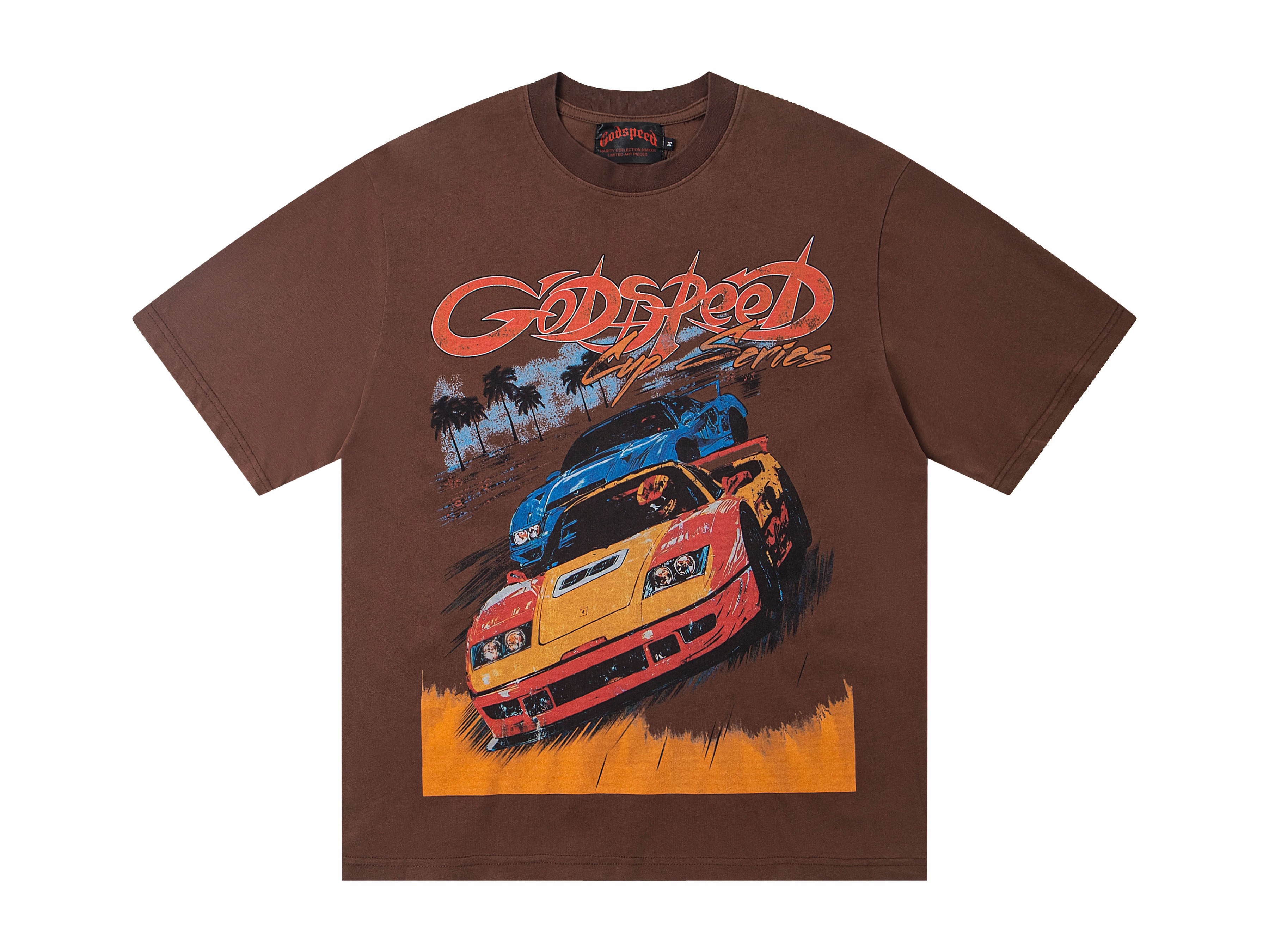 Godspeed Retro Dual Sports Car Graphic T-Shirt, Regular Dyed 270G Heavyweight 100% Cotton Oversized Unisex Streetwear Tee, Back Skull Racer Race Schedule Print Short Sleeve Top, 2 Colors Coffee Brown & Black