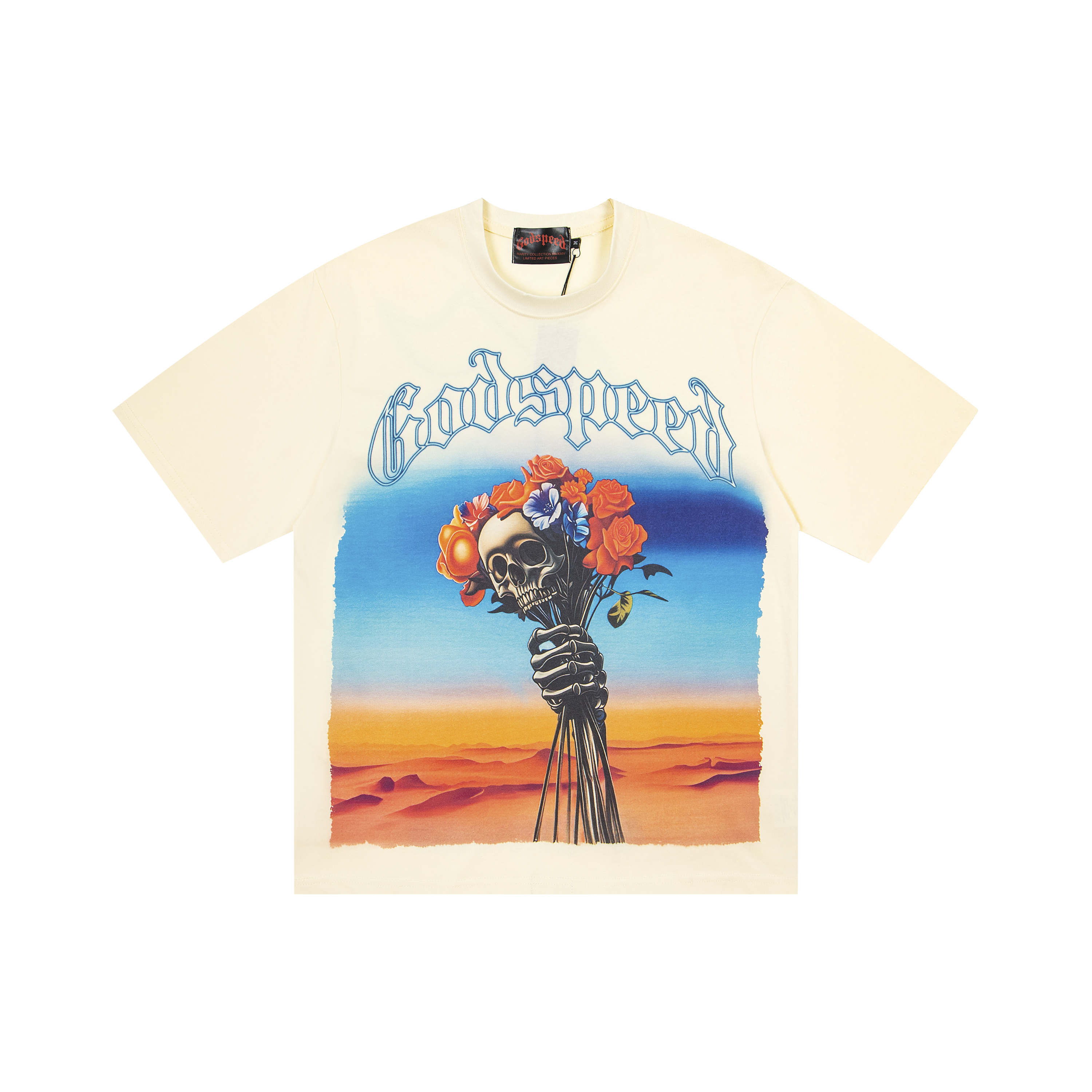 Vintage Desert Skull Rose Graphic Print Oversized Crew Neck T-Shirt, Godspeed Front & Back Double Print Unisex Heavy Cotton Streetwear Tee Sizes 1-3