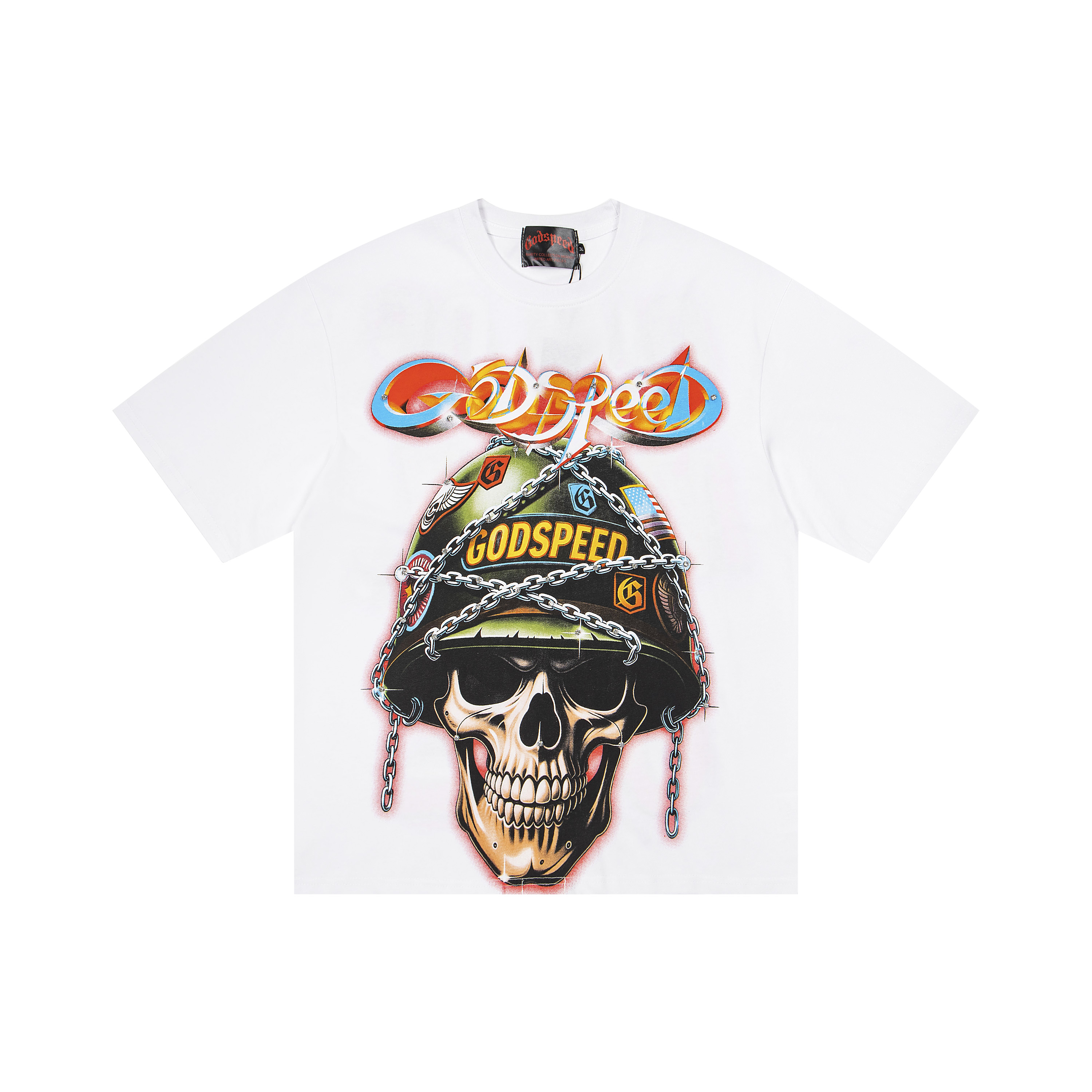 Military Helmet Skull 3D Bubble Letter Graphic Oversized Crew Neck T-Shirt, Godspeed Heavy Cotton Unisex Streetwear White Tee Sizes 1-4