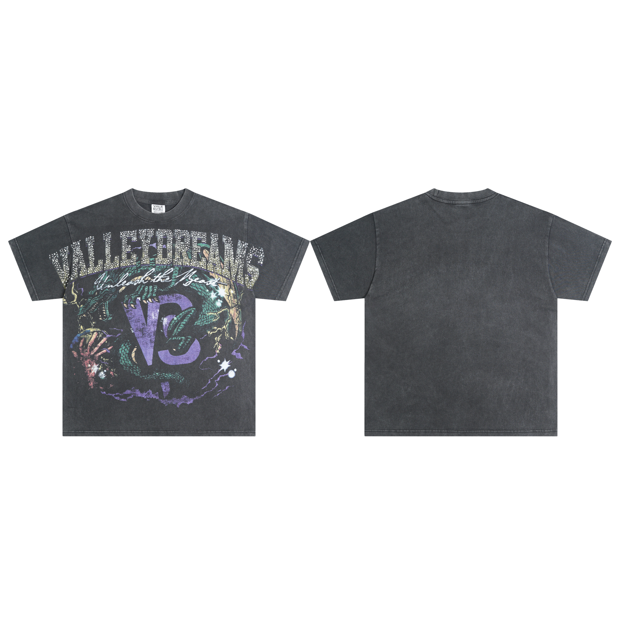 Valley Dreams Vintage Dragon Rhinestone Letter Graphic T-Shirt – Oversized Washed Streetwear Tee