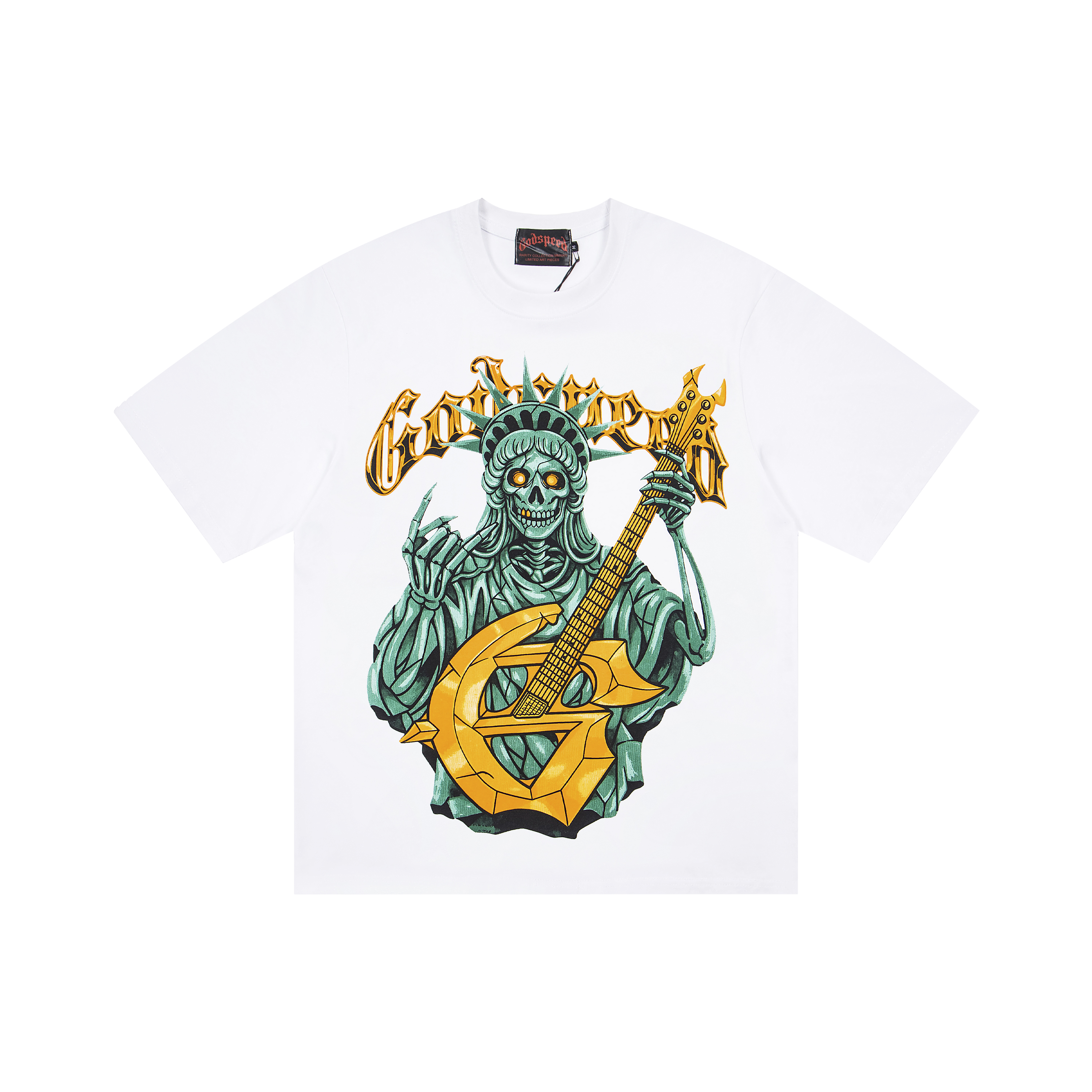 Skeleton Statue Of Liberty Guitar GS Gothic Letter Graphic Oversized Crew Neck T-Shirt, Godspeed Heavy Cotton Unisex White Streetwear Tee Sizes 1-4