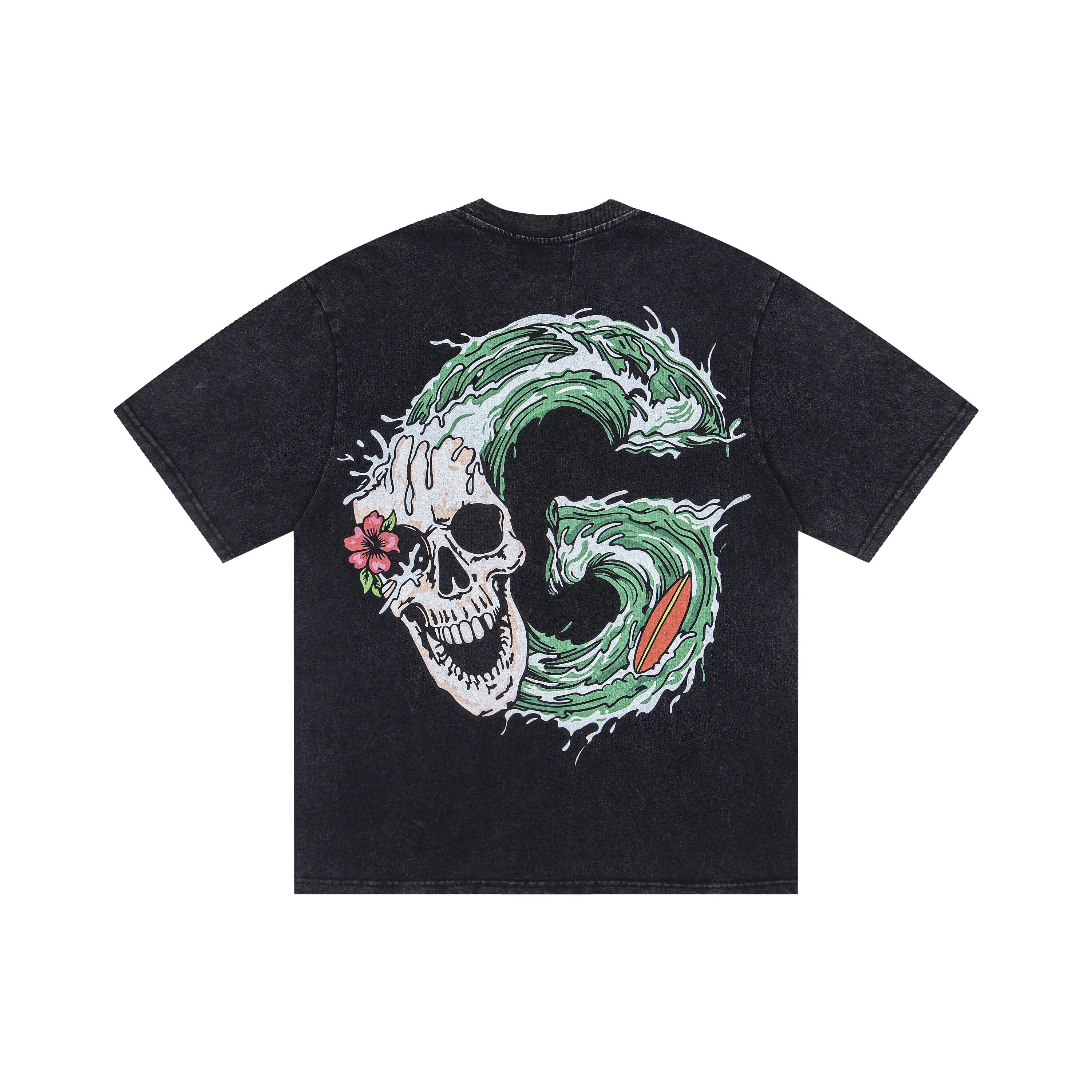 Retro Distressed Washed Oversized Crew Neck T-Shirt, Skull Ocean Wave GSND Graphic Print Unisex Streetwear Cotton Tee Sizes 1-3