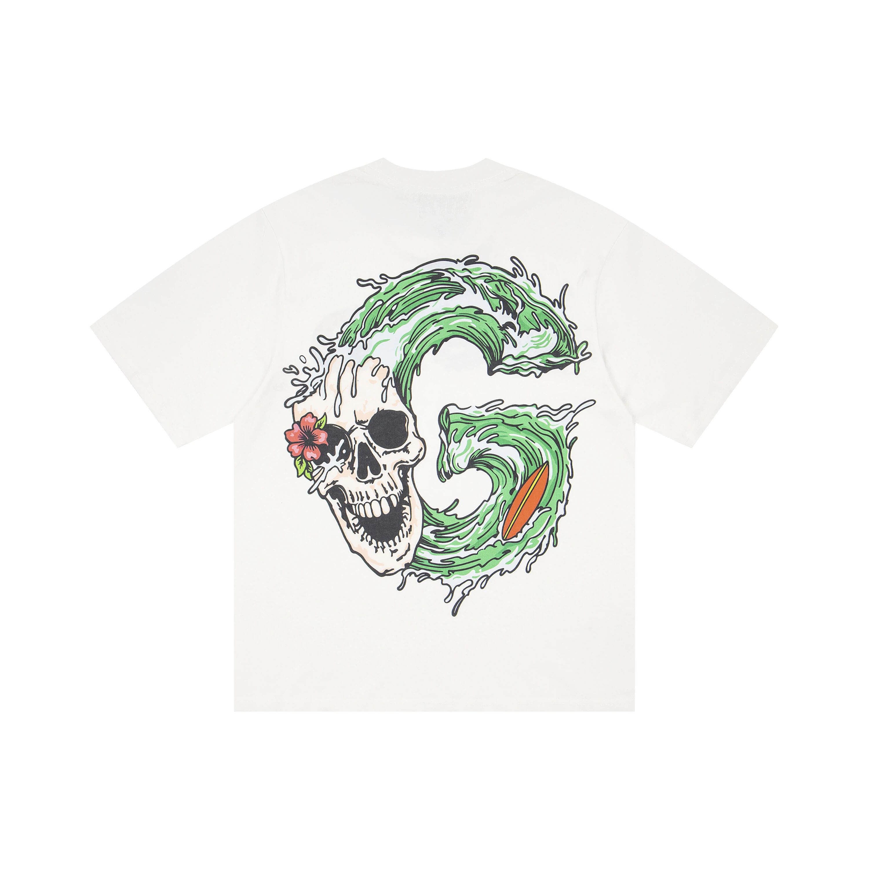 Retro Distressed Washed Oversized Crew Neck T-Shirt, Skull Ocean Wave GSND Graphic Print Unisex Streetwear Cotton Tee Sizes 1-3