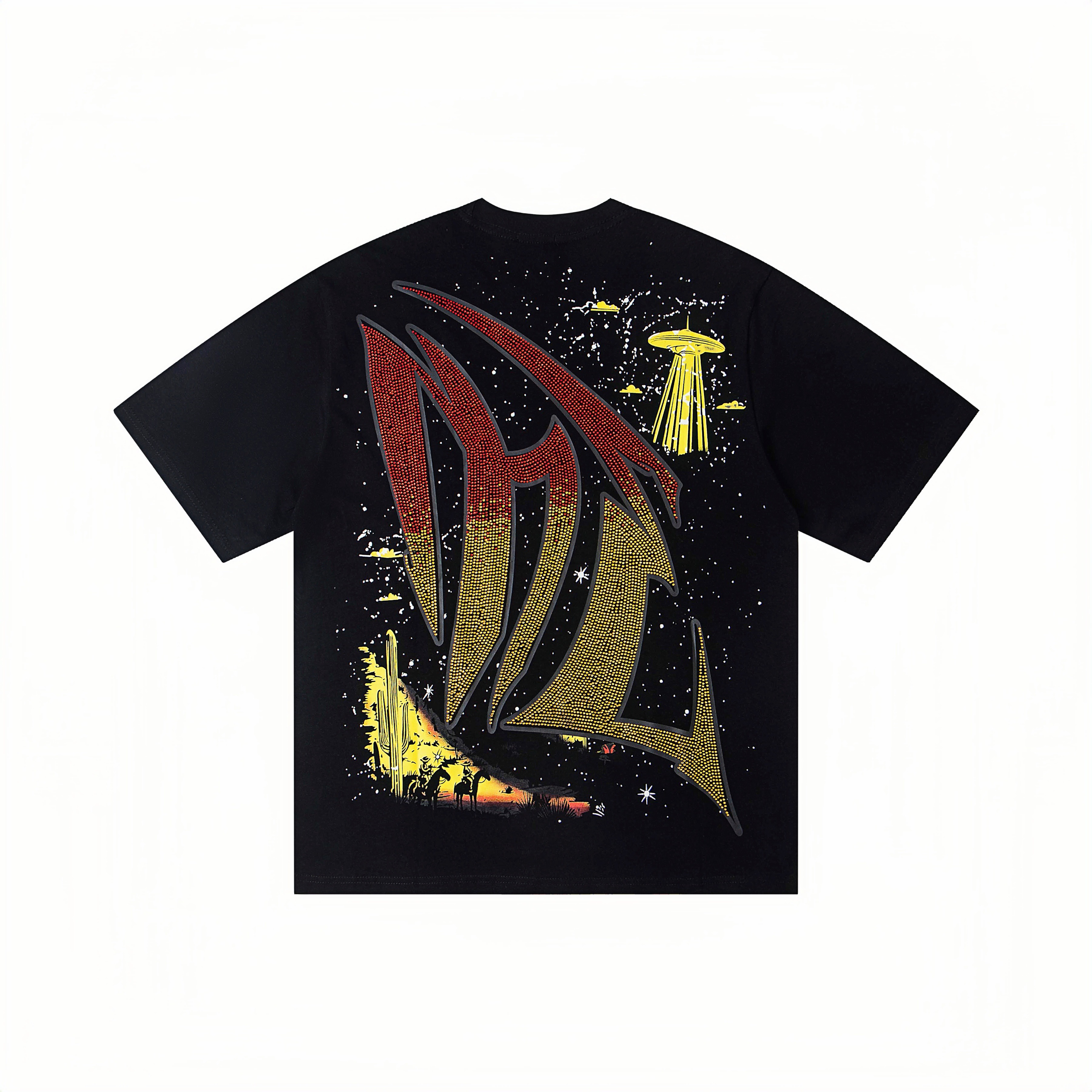 Cowboy Alien Rhinestone Gradient Print Oversized T-Shirt – Unisex 100% Cotton Streetwear Tee