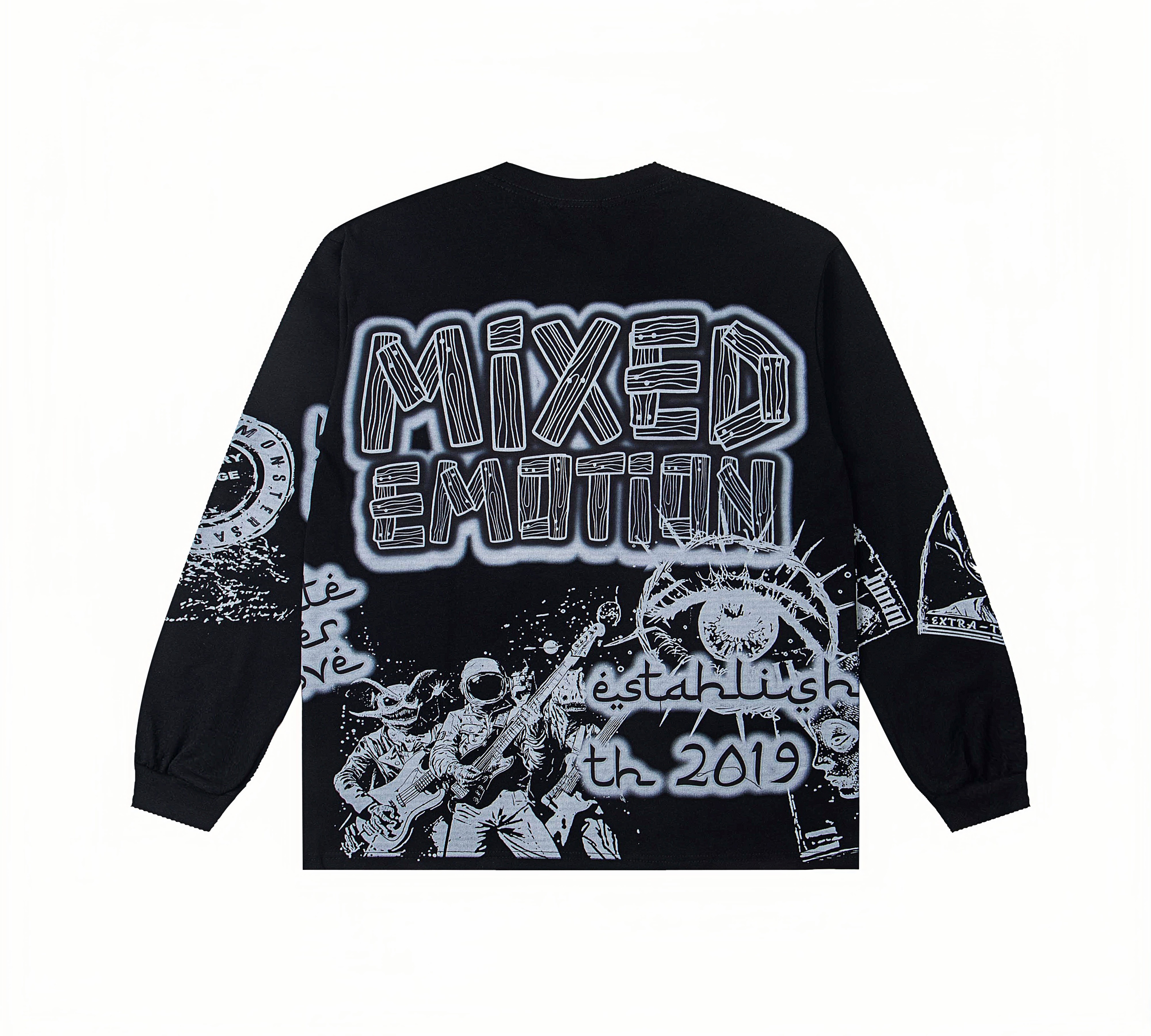 Space Band "Mixed Emotion" Wood Grain Print Oversized Long Sleeve T-Shirt – Unisex 100% Cotton Streetwear Tee