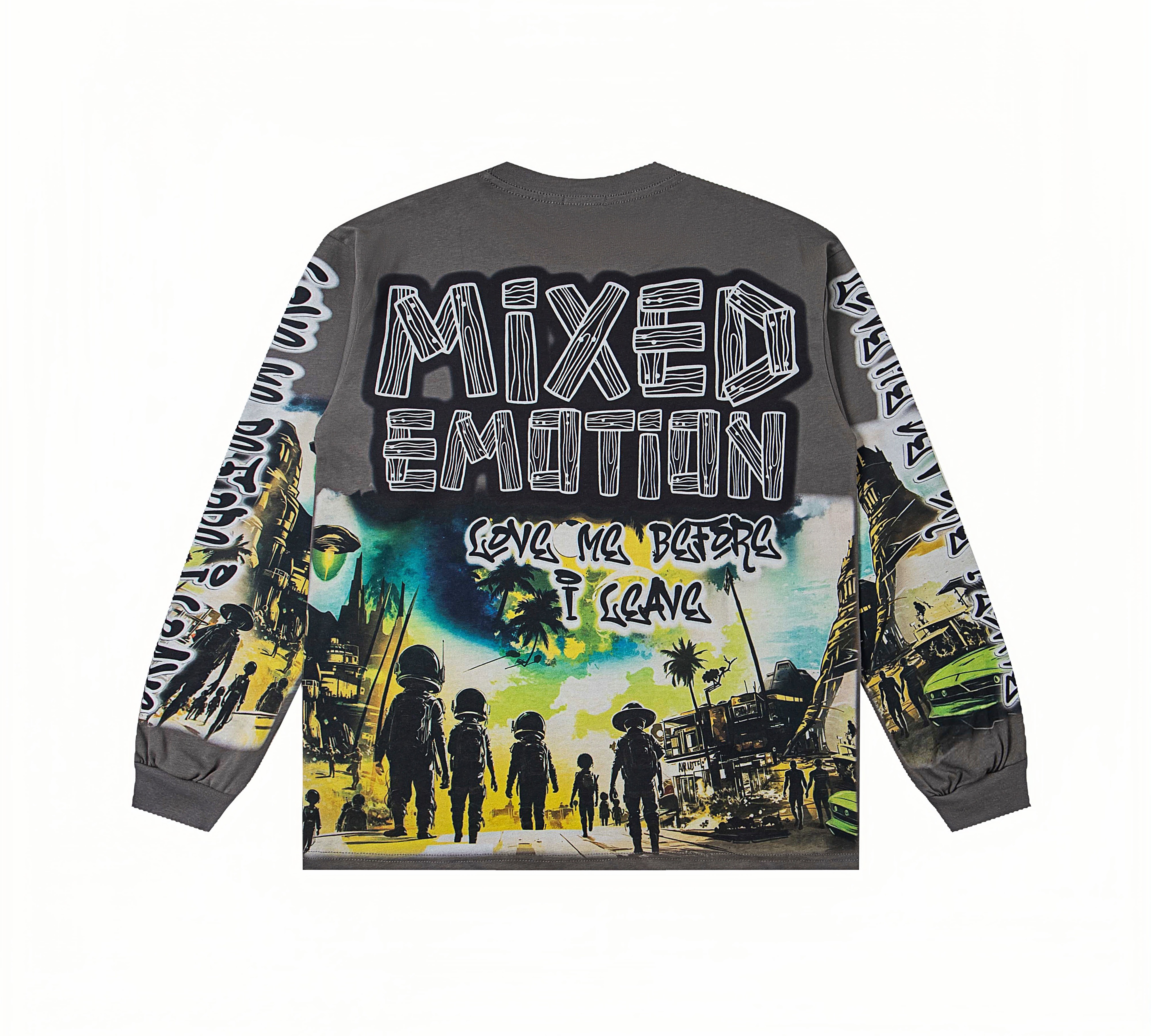 Sci-Fi Cityscape "Mixed Emotion" Wood Grain Print Oversized Long Sleeve T-Shirt – Unisex 100% Cotton Streetwear Tee