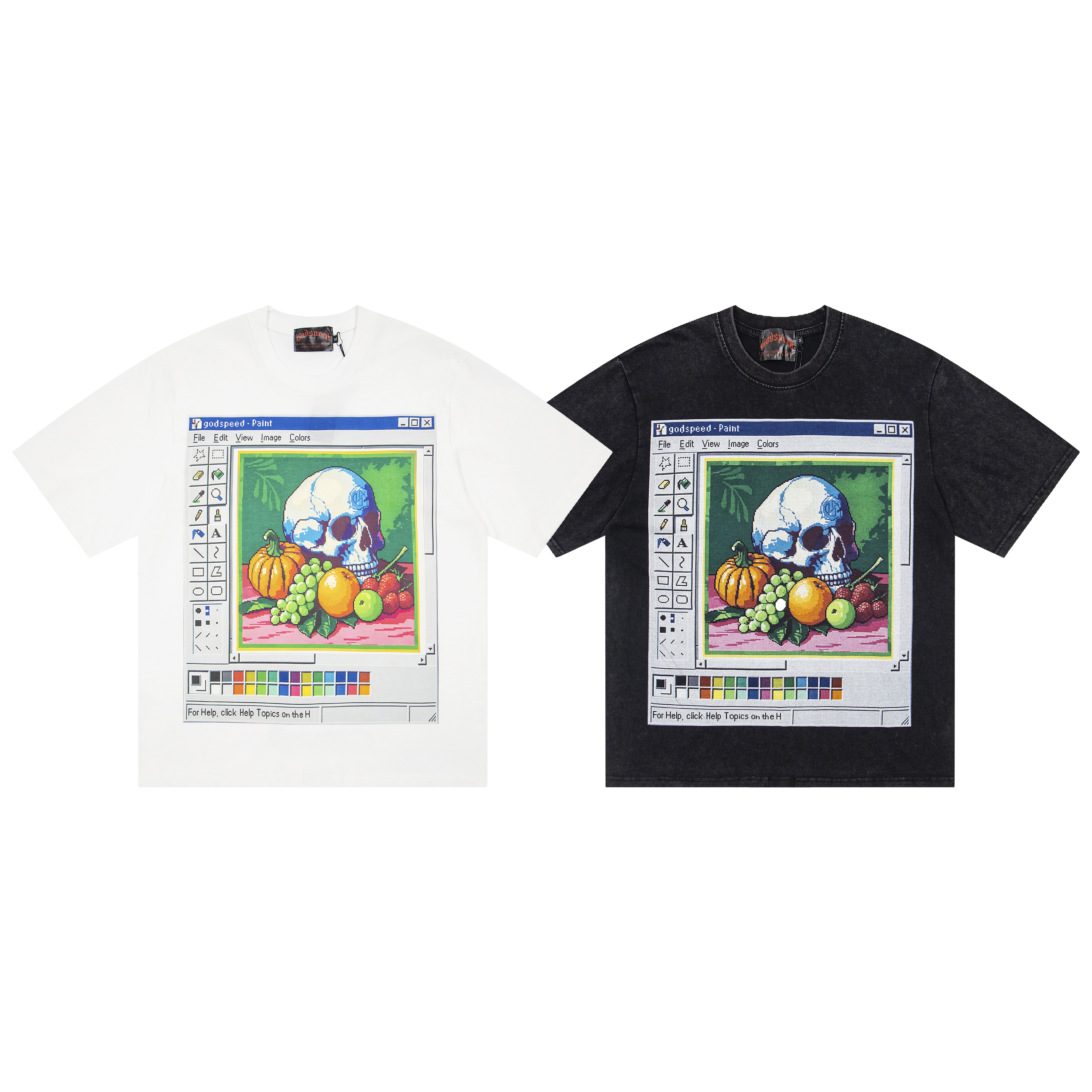 Windows Paint Pixel Skull Fruit Graphic Oversized Crew Neck T-Shirt, Godspeed Retro Washed Heavy Cotton Unisex Streetwear Tee 2 Colors Sizes 1-4