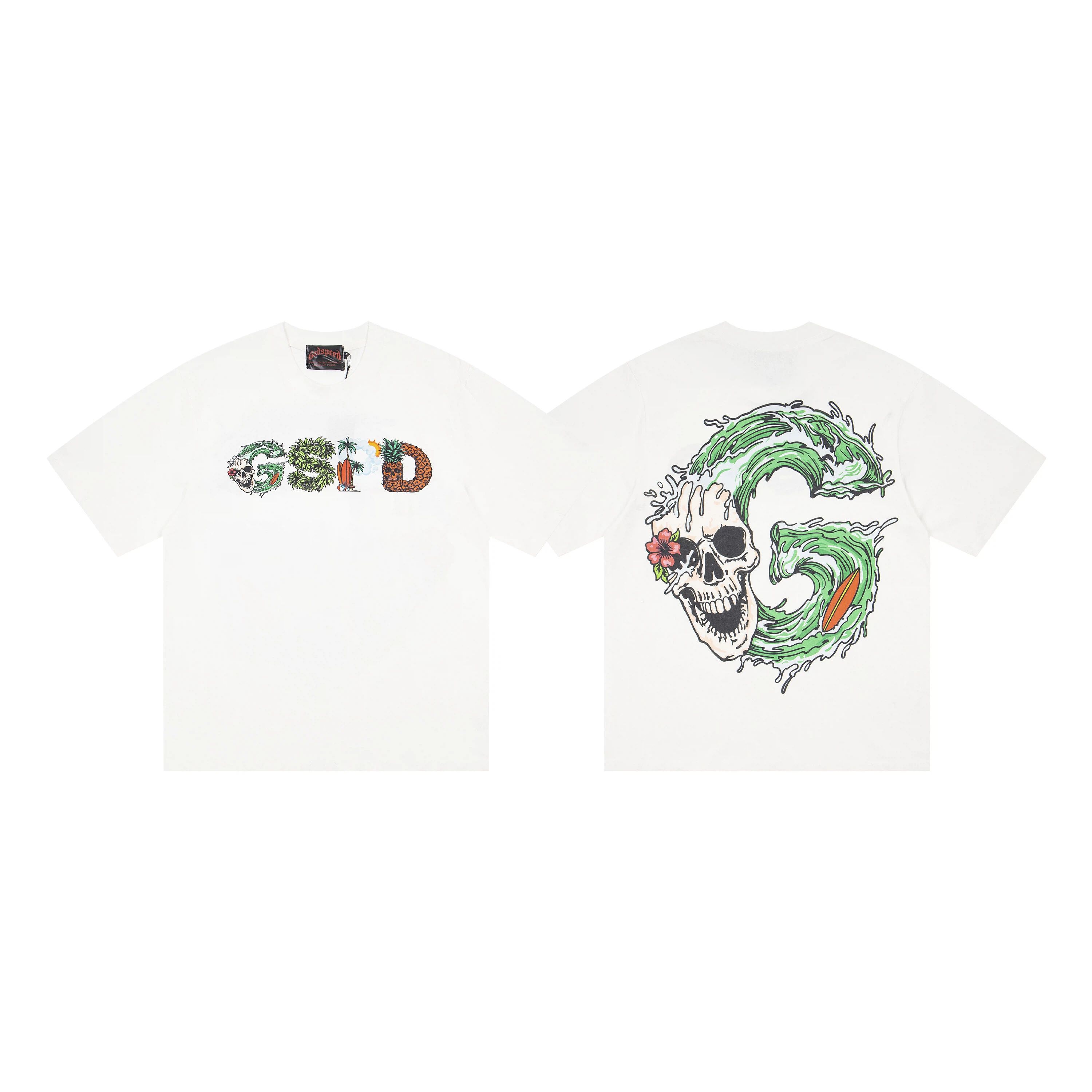 Retro Distressed Washed Oversized Crew Neck T-Shirt, Skull Ocean Wave GSND Graphic Print Unisex Streetwear Cotton Tee Sizes 1-3