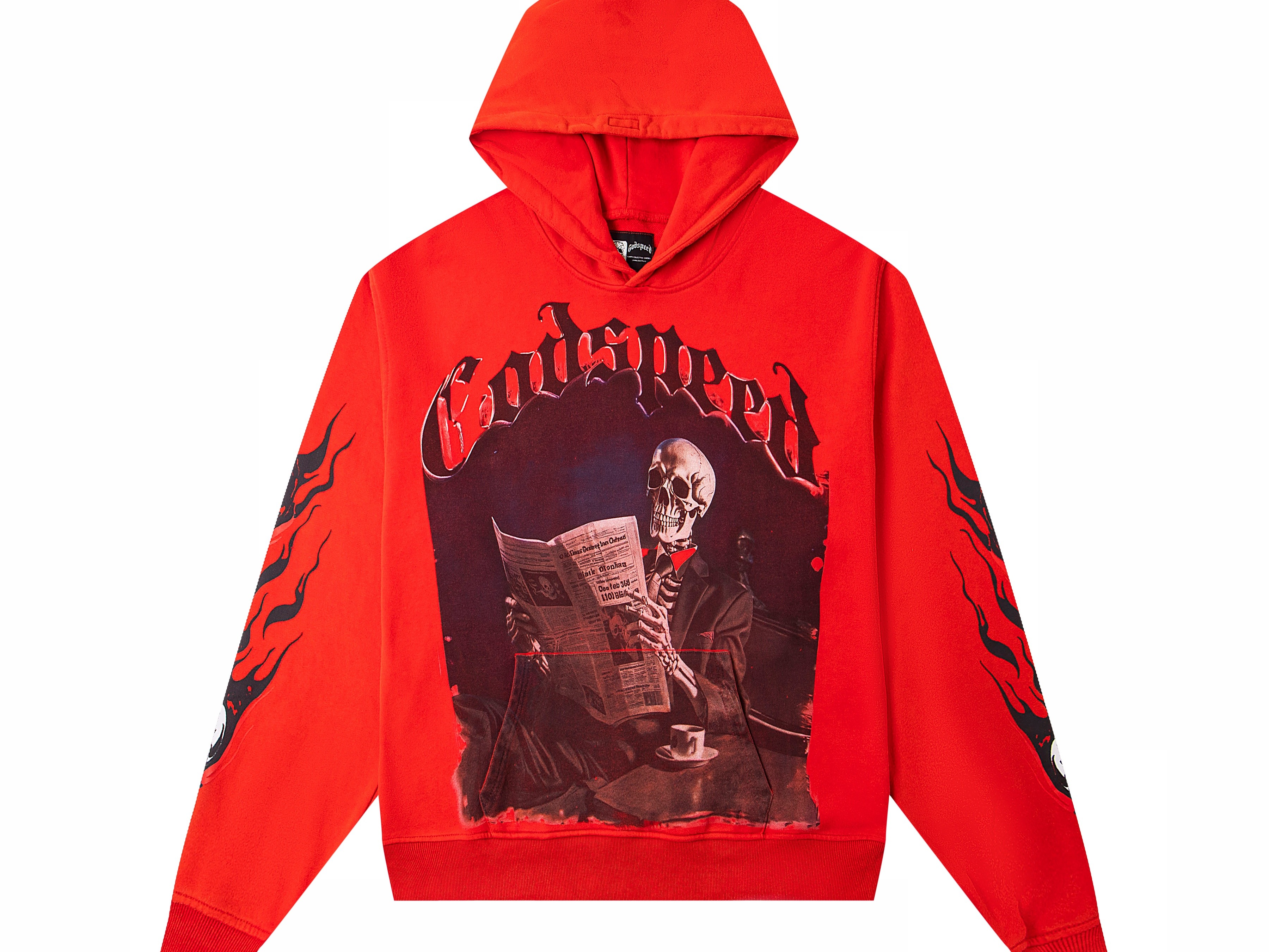 Vintage Washed Skeleton Reading Newspaper Pullover Hoodie, Godspeed Gothic Letter Flame Print Long Sleeve Heavy Cotton Fleece Unisex Street Sweatshirt 3 Colors Sizes 1-4
