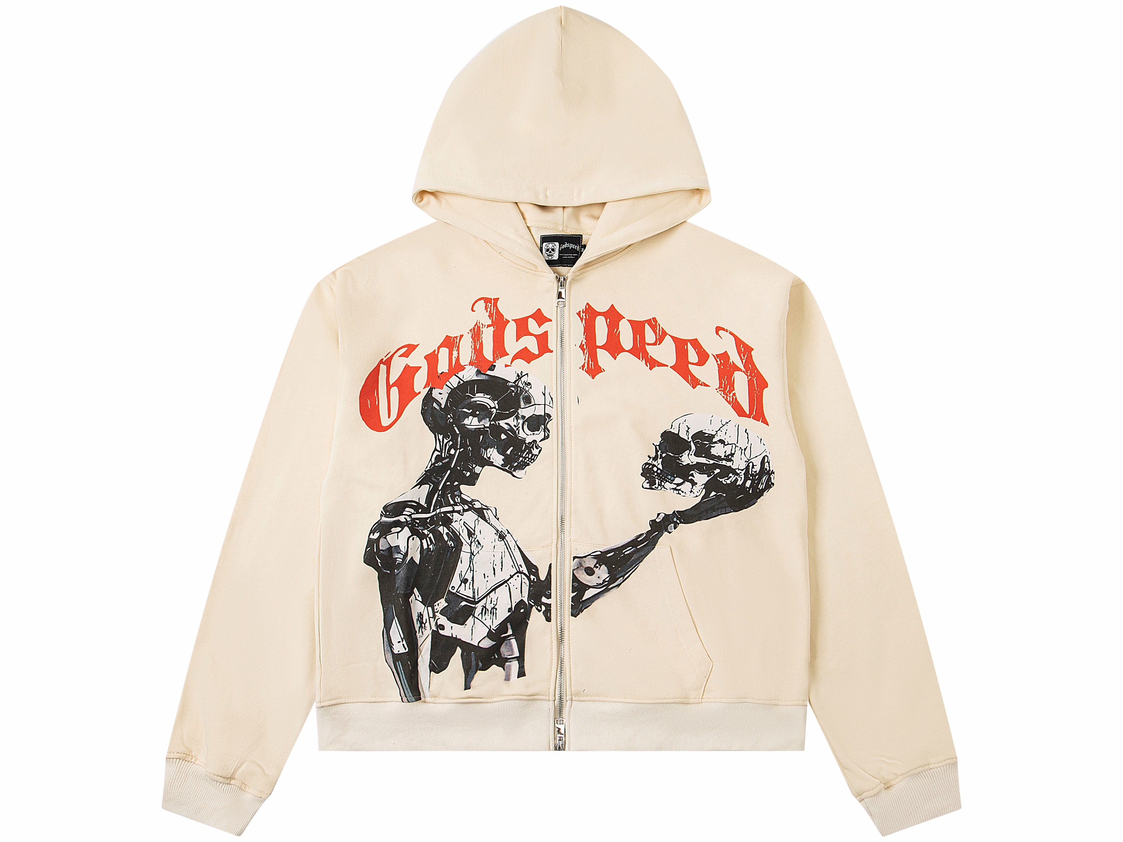 Vintage Washed Skeleton Holding Skull Full Zip Up Hooded Jacket, Red Gothic Godspeed Letter Front Print Heavy Cotton Fleece Unisex Street Zip Hoodie 2 Colors Sizes 1-4