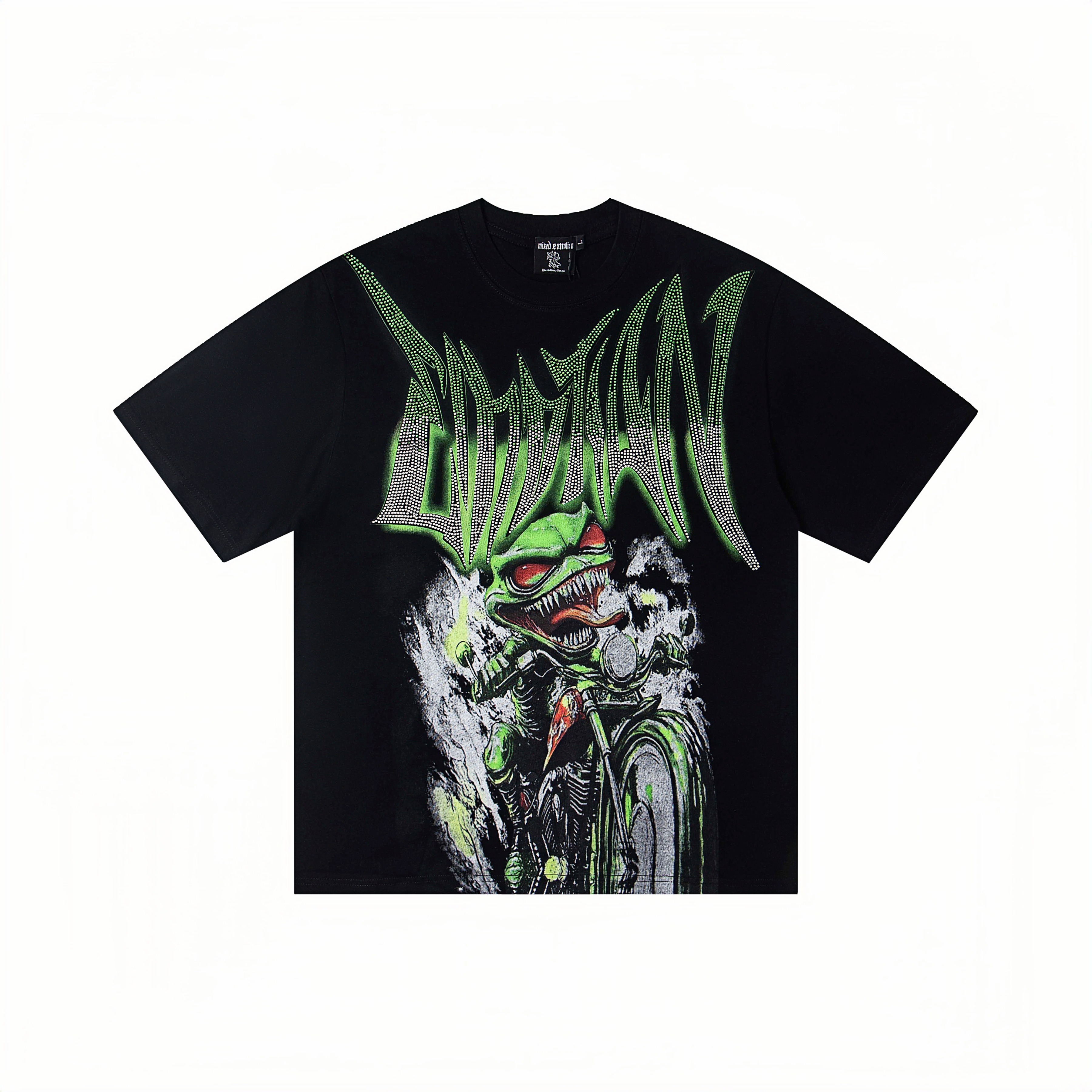 Monster Rider Rhinestone Gradient Print Oversized T-Shirt – Unisex 100% Cotton Streetwear Tee