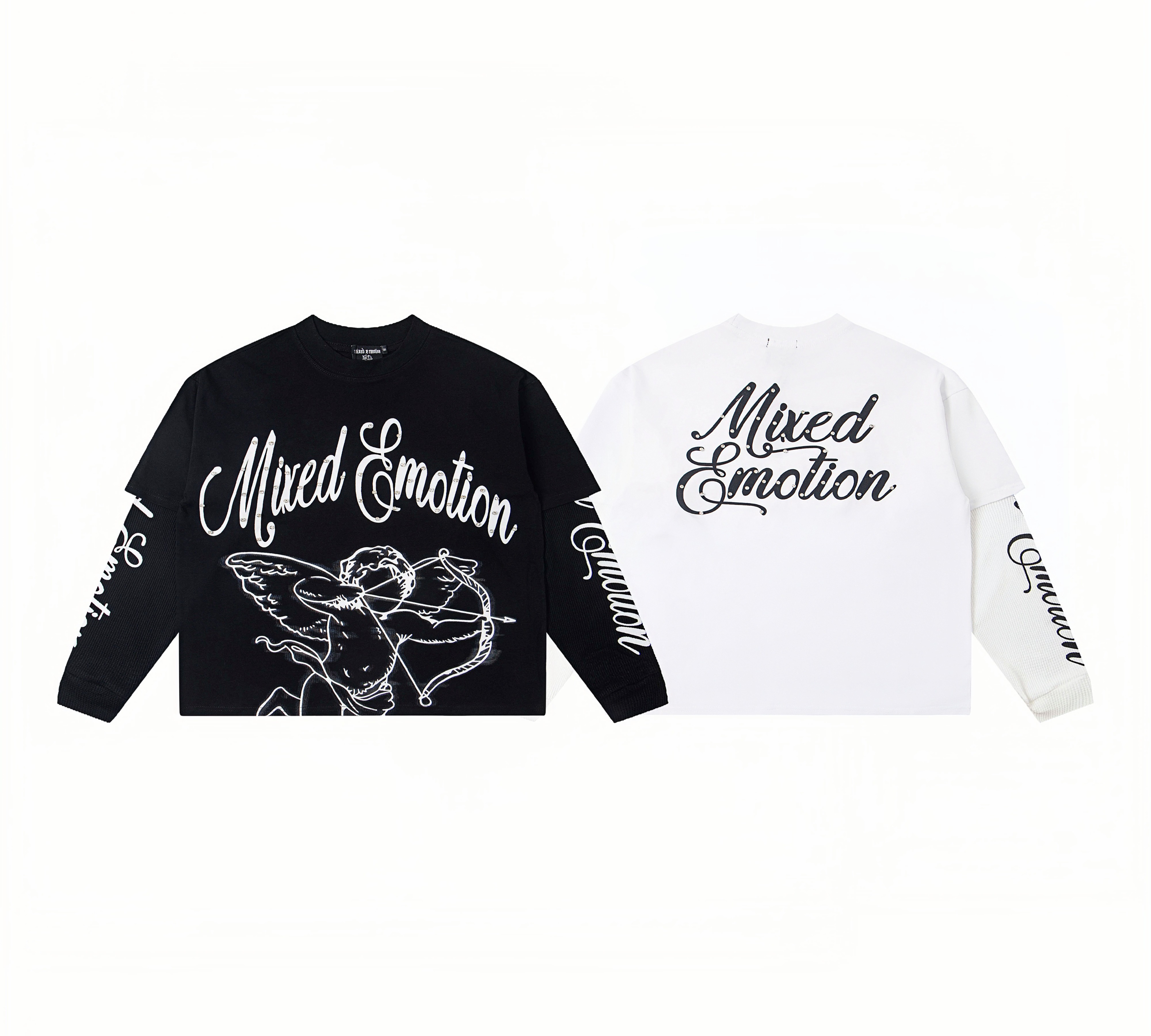 Rhinestone "Mixed Emotion" Cupid Print Layered Thermal Long Sleeve T-Shirt – Unisex 100% Cotton Streetwear Tee