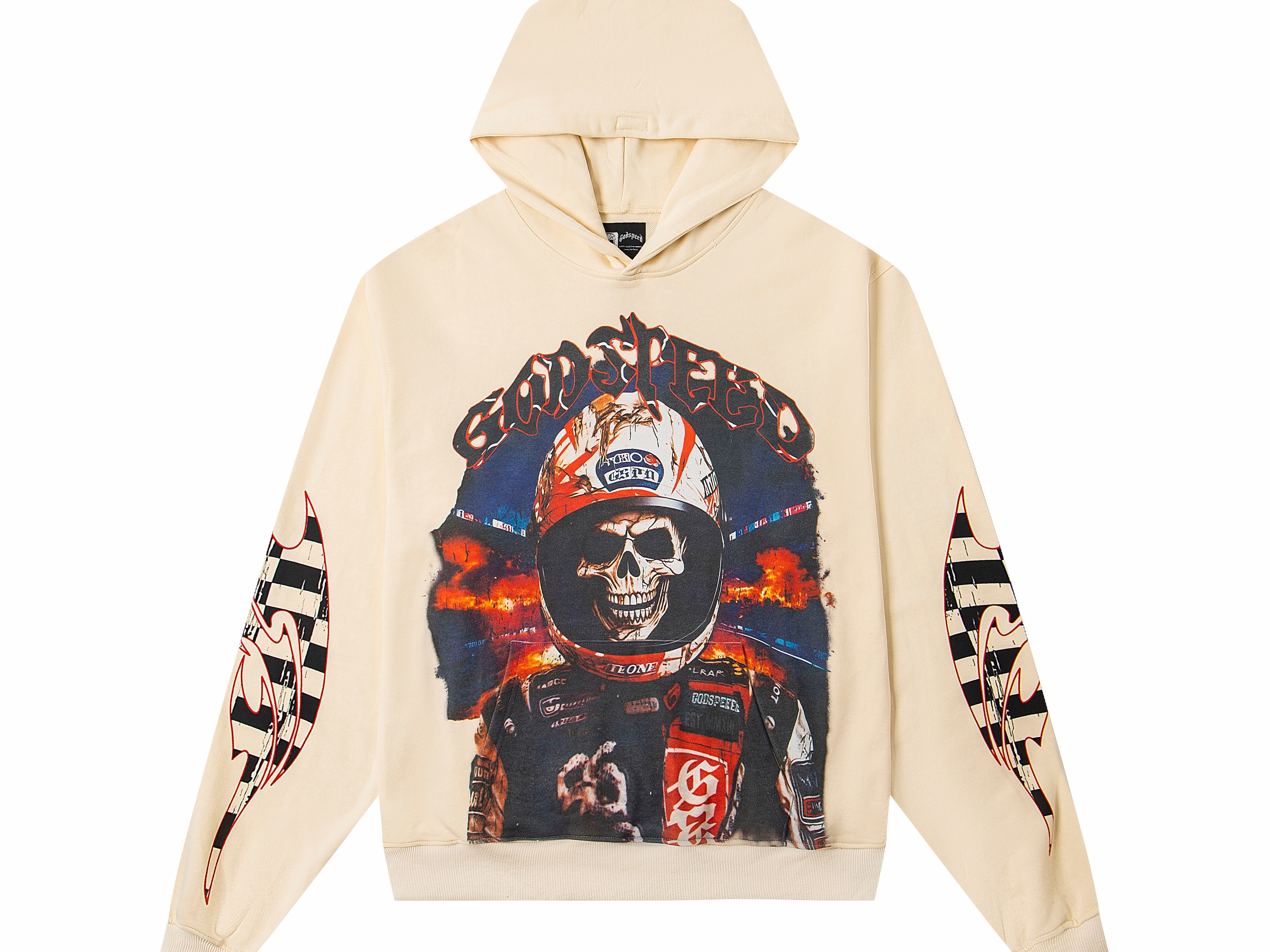 Vintage Washed Racing Driver Skull Helmet Graphic Pullover Hoodie, Godspeed Checkered Flag Flame Sleeve Print Heavy Cotton Fleece Unisex Street Sweatshirt 2 Colors Sizes 1-4
