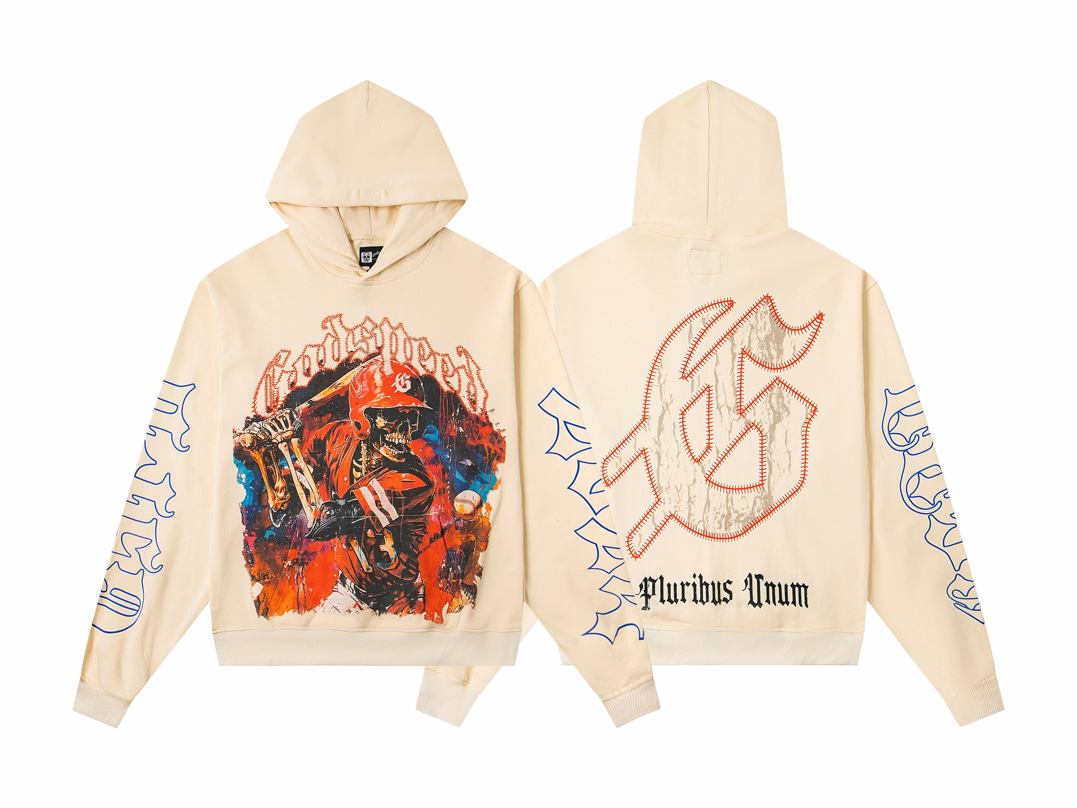 Vintage Washed Baseball Skeleton Batter Graphic Pullover Hoodie, Godspeed Gothic Letter Blue Script Sleeve Print Back Stitch GS Logo Heavy Cotton Fleece Unisex Street Sweatshirt 1 Color Sizes 1-4