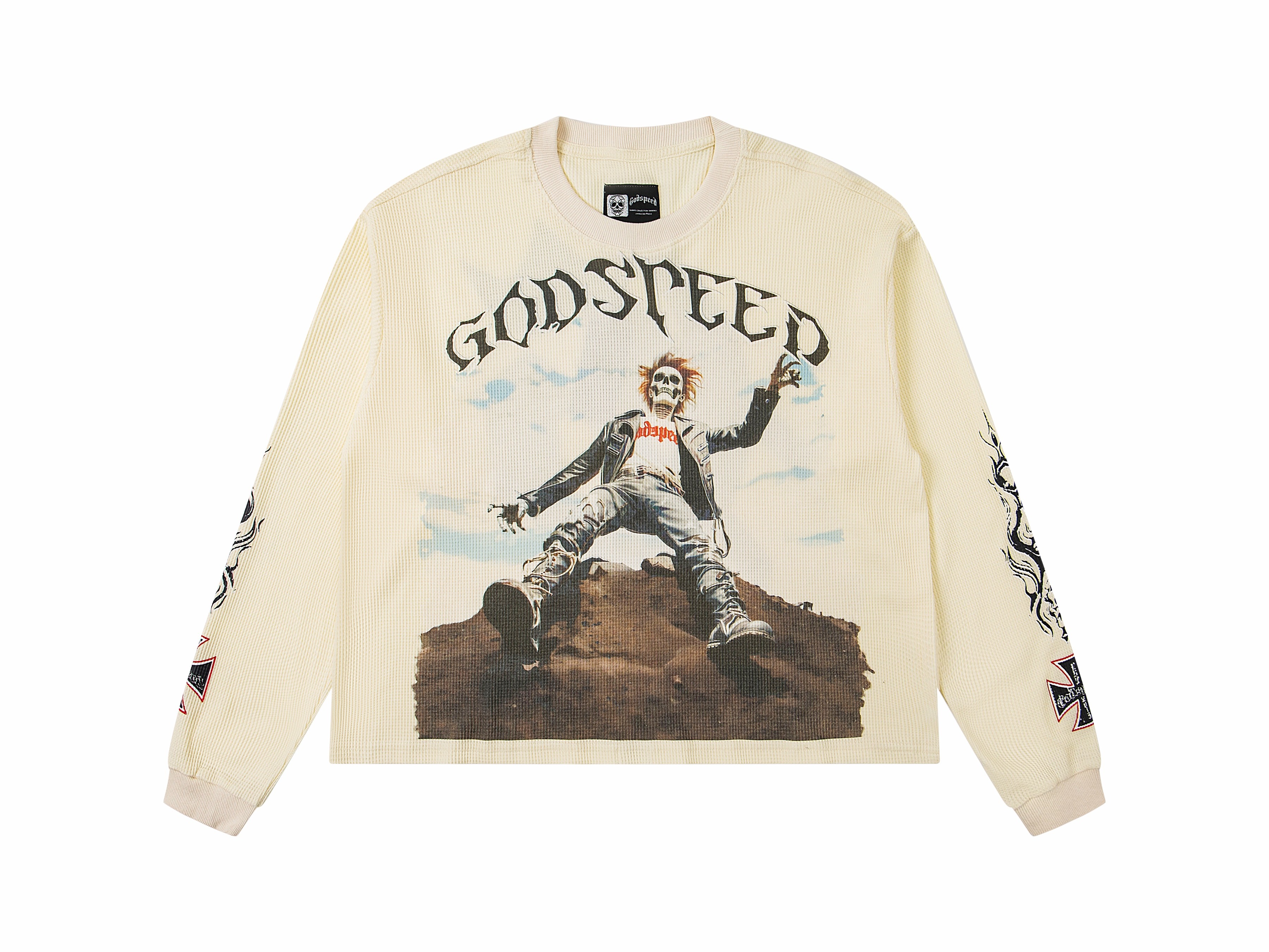 Vintage Washed Zombie Portrait Waffle Knit Long Sleeve T-Shirt, Godspeed Gothic Letter Cross Flame Sleeve Print Back Large GS Logo Unisex Streetwear Thermal Top 2 Colors Sizes 1-4