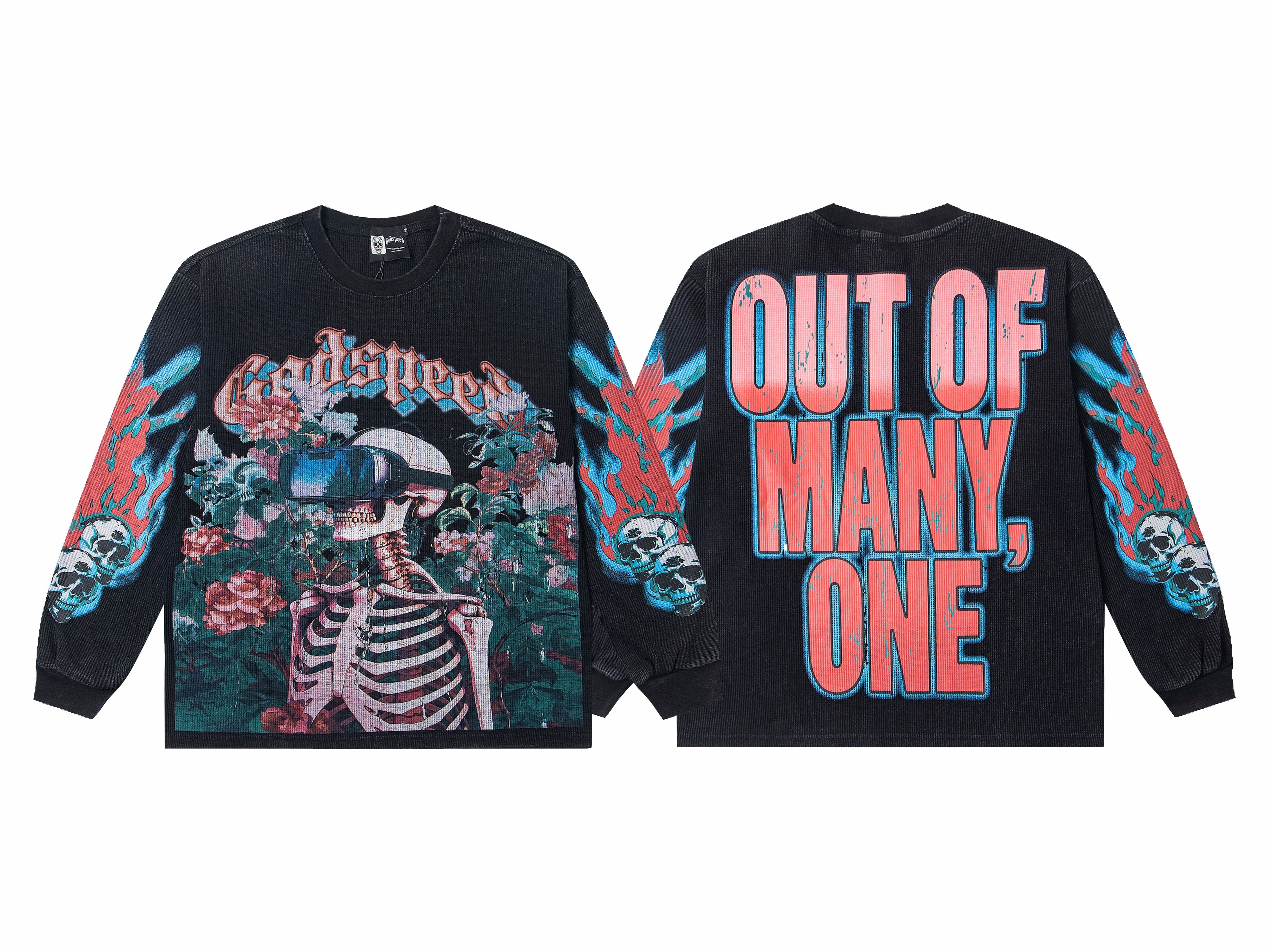 Vintage Washed VR Skeleton Floral Waffle Knit Long Sleeve T-Shirt, Godspeed Gothic Letter Red Flame Skull Cuff Sleeve Print Back Gradient Slogan "Out Of Many One" Unisex Street Thermal Top 2 Colors Sizes 1-4