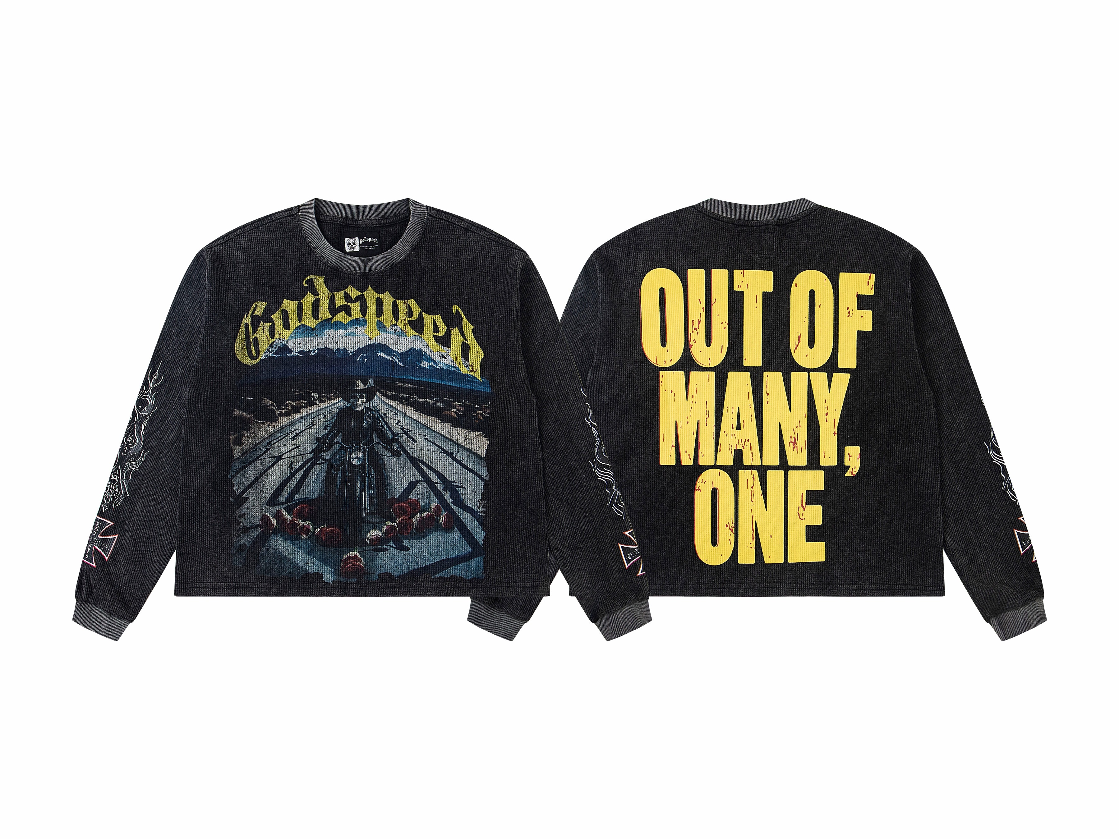 Vintage Acid Washed Highway Biker Skeleton Waffle Knit Long Sleeve T-Shirt, Godspeed Gothic Yellow Letter Cross Scroll Sleeve Print Back Distressed Yellow Slogan "Out Of Many One" Unisex Street Thermal Top 1 Color Sizes 1-4
