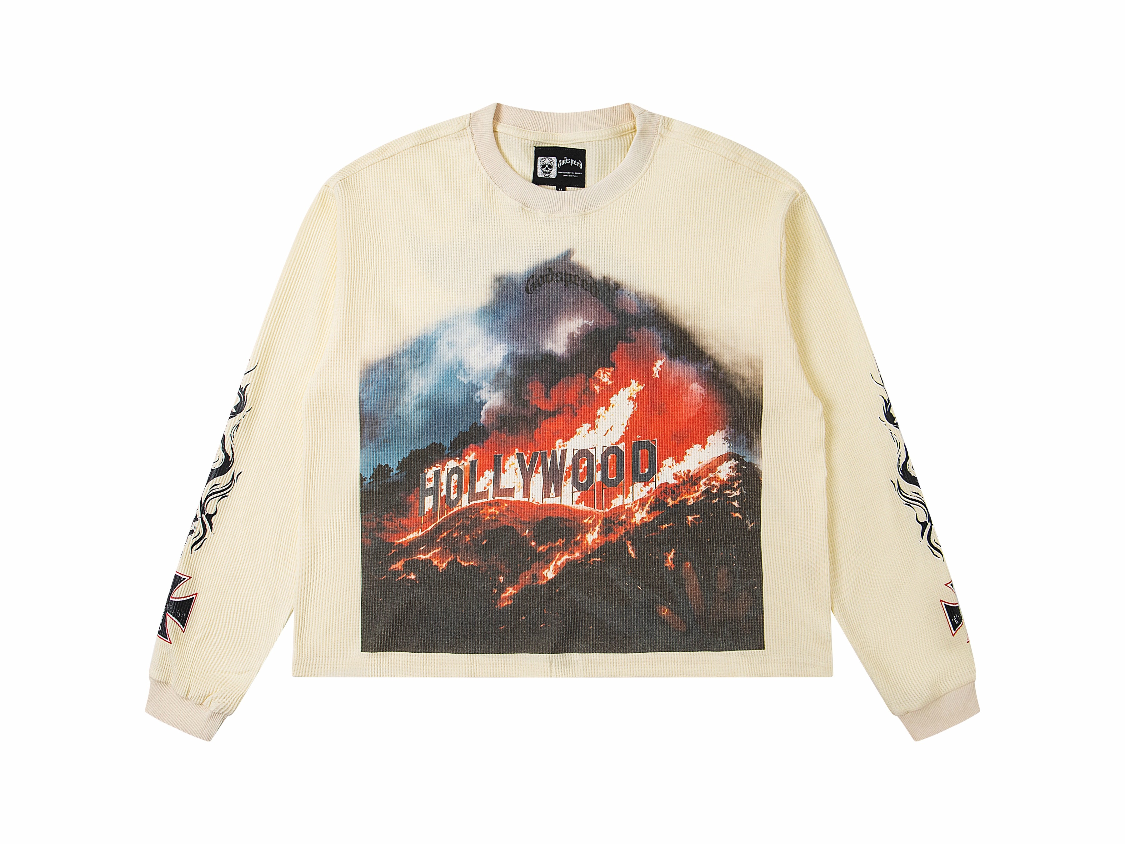 Vintage Washed Burning Hollywood Scenery Waffle Knit Long Sleeve T-Shirt, Godspeed Paisley Fill GS Logo Cross Scroll Flame Sleeve Print Back Latin Text Unisex Street Thermal Top 2 Colors Sizes 1-4