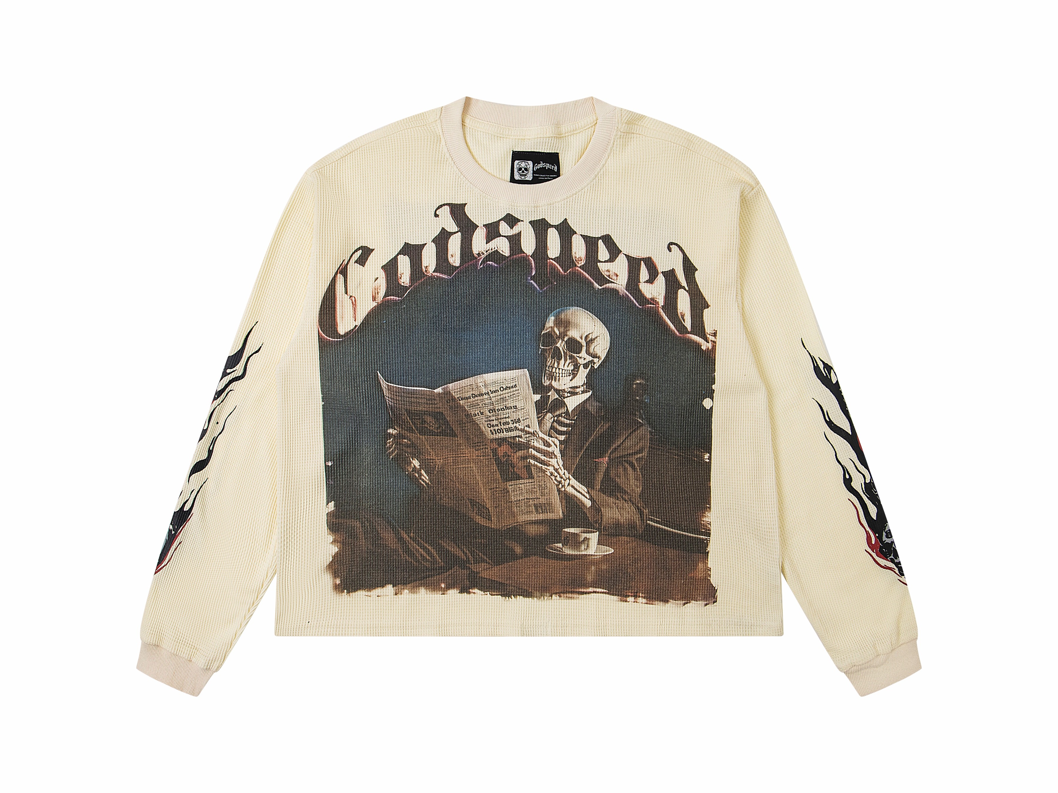 Vintage Washed Black Monday Stock Market Skeleton Waffle Knit Long Sleeve T-Shirt, Godspeed Gothic Letter Red Flame Cuff Sleeve Print Back Financial Newspaper Graphic Latin Text Unisex Street Thermal Top 2 Colors Sizes 1-4