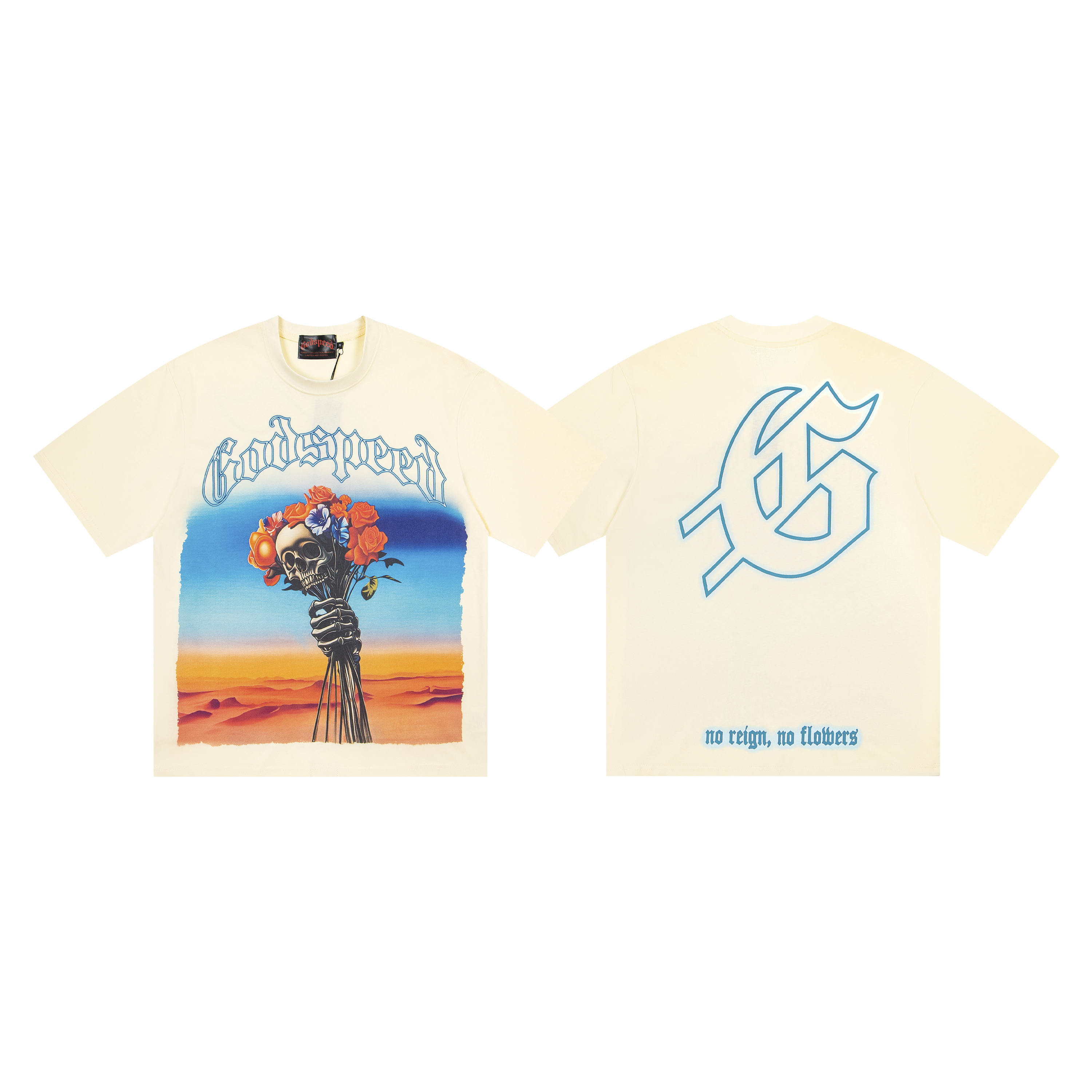 Vintage Desert Skull Rose Graphic Print Oversized Crew Neck T-Shirt, Godspeed Front & Back Double Print Unisex Heavy Cotton Streetwear Tee Sizes 1-3