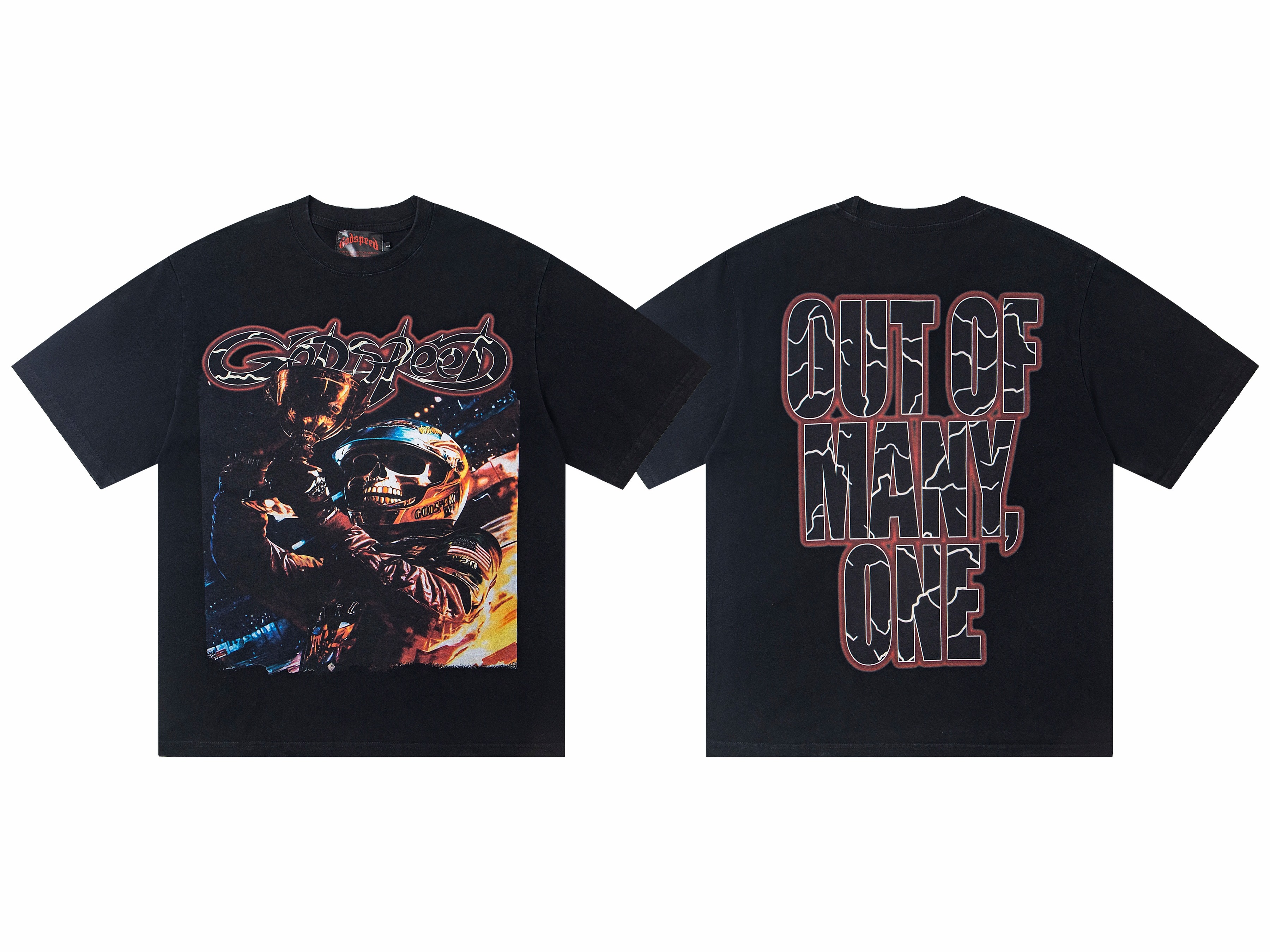 Godspeed Skeleton Racing Champion Trophy Graphic T-Shirt, Vintage Acid Washed 270G Heavyweight 100% Cotton Oversized Unisex Streetwear Tee, Retro NASCAR Race Driver Print Short Sleeve Top, 2 Colors Black & Light Grey