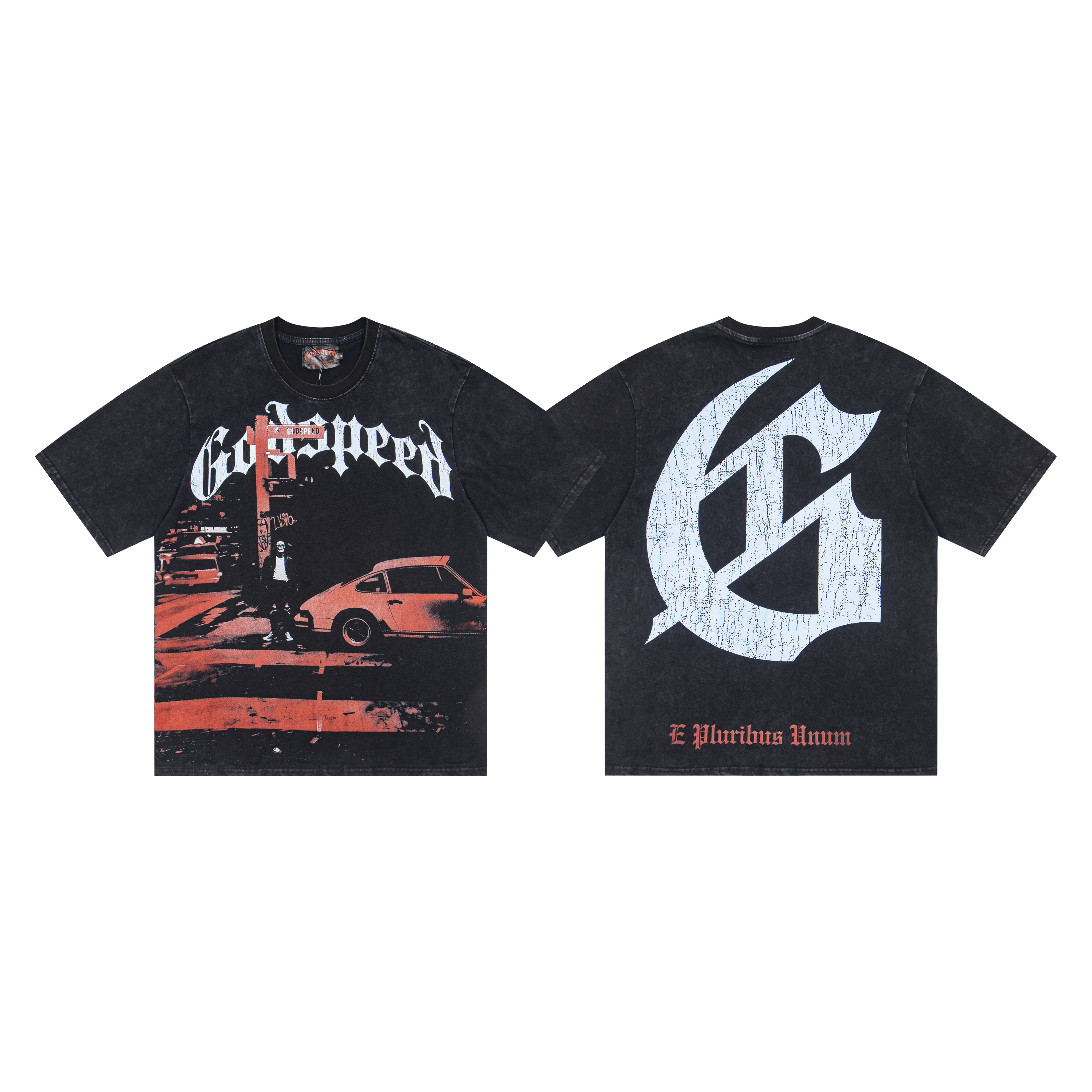 Vintage Street Car Photo Cracked GS Graphic Oversized Crew Neck T-Shirt, Godspeed Acid Washed Heavy Cotton Unisex Streetwear Tee 2 Colors Sizes 1-4