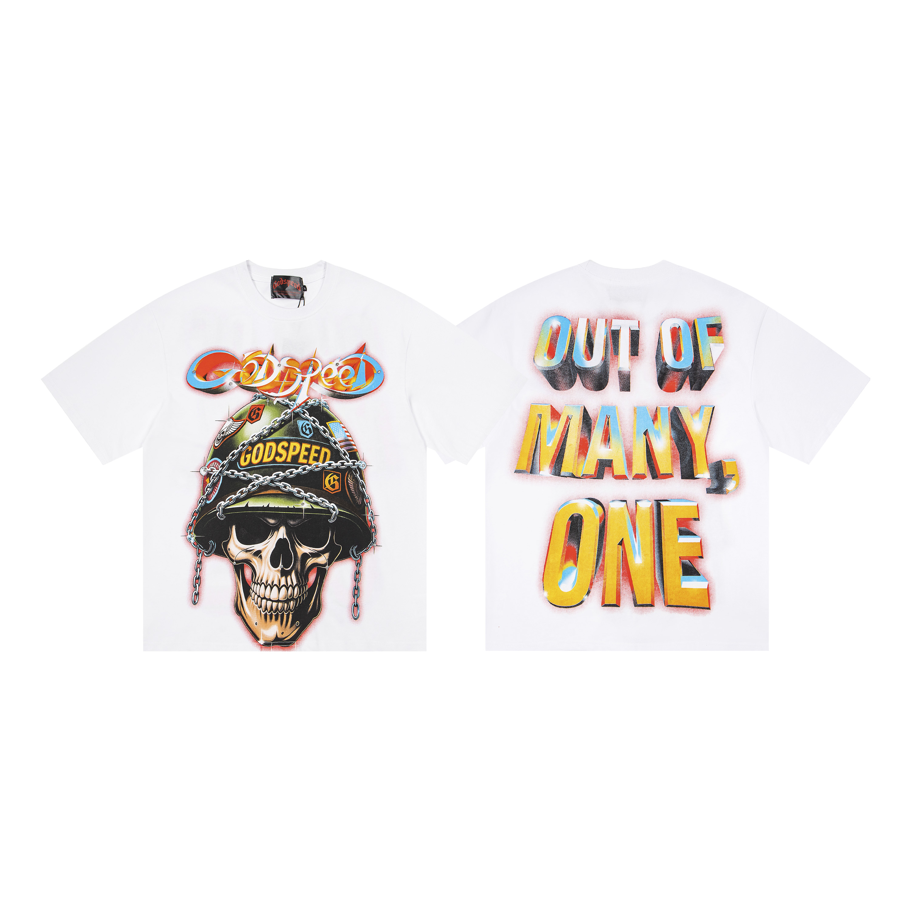 Military Helmet Skull 3D Bubble Letter Graphic Oversized Crew Neck T-Shirt, Godspeed Heavy Cotton Unisex Streetwear White Tee Sizes 1-4