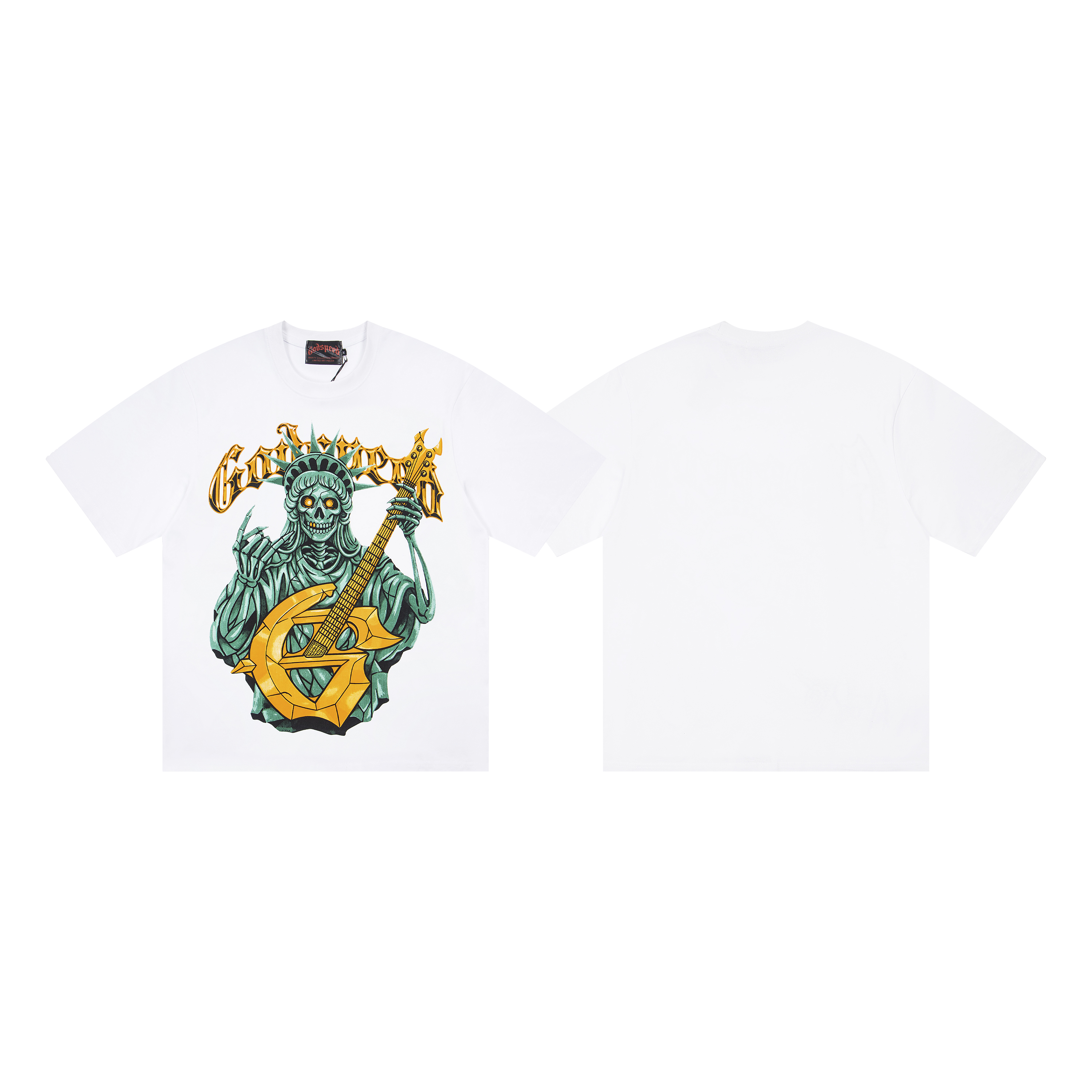 Skeleton Statue Of Liberty Guitar GS Gothic Letter Graphic Oversized Crew Neck T-Shirt, Godspeed Heavy Cotton Unisex White Streetwear Tee Sizes 1-4