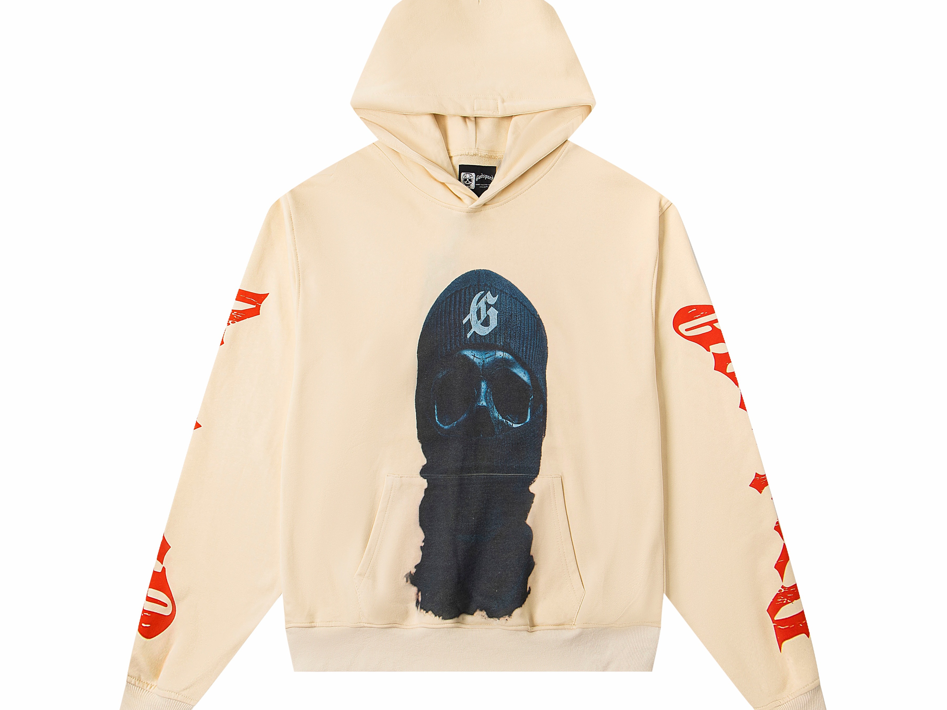 Balaclava Skull GS Logo Graphic Oversized Pullover Hoodie, Godspeed Red Sleeve Print Heavy Cotton Fleece Unisex Streetwear Sweatshirt 2 Colors Sizes 1-4